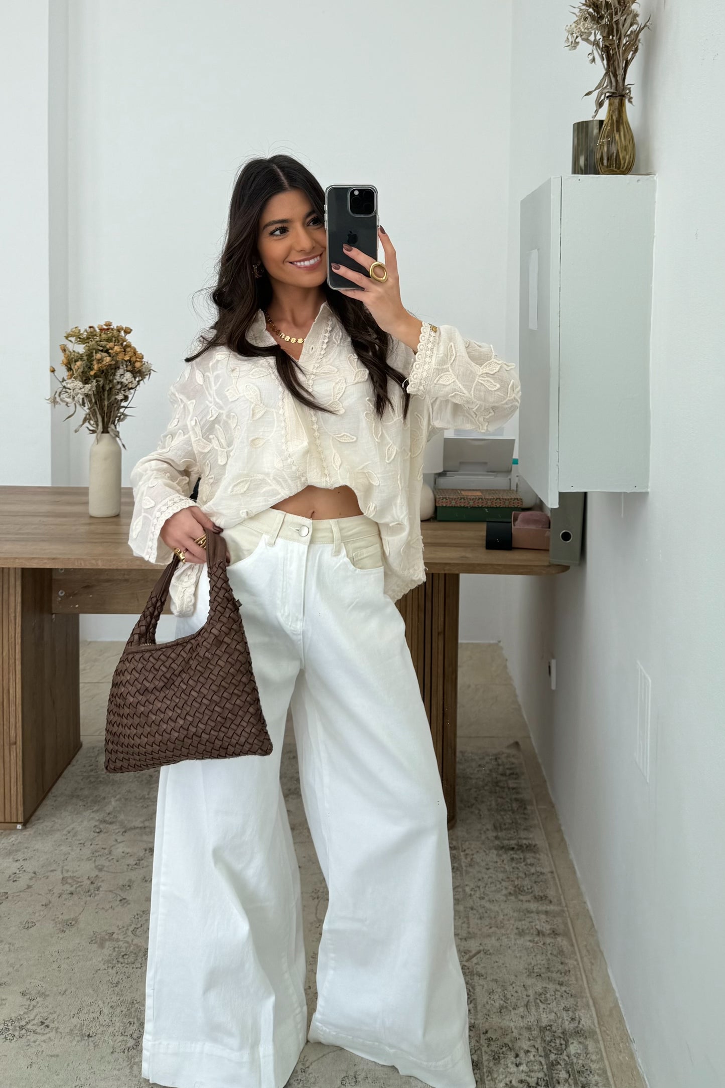 Wide Leg Jeans with Beige Waist