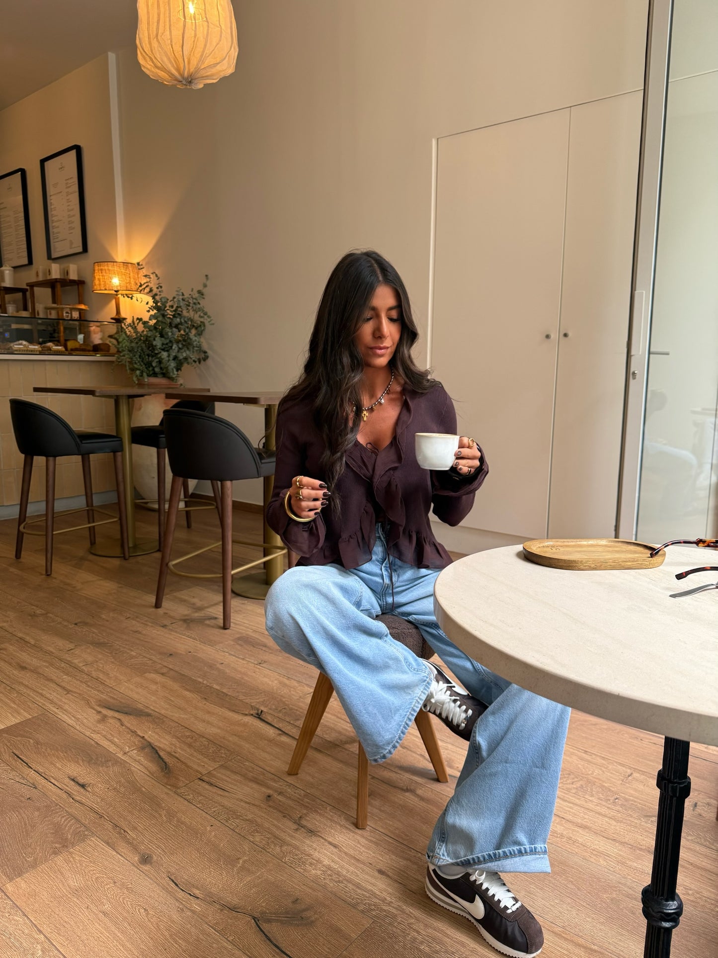 Brown Ruffle Trim Ribbed Blouse