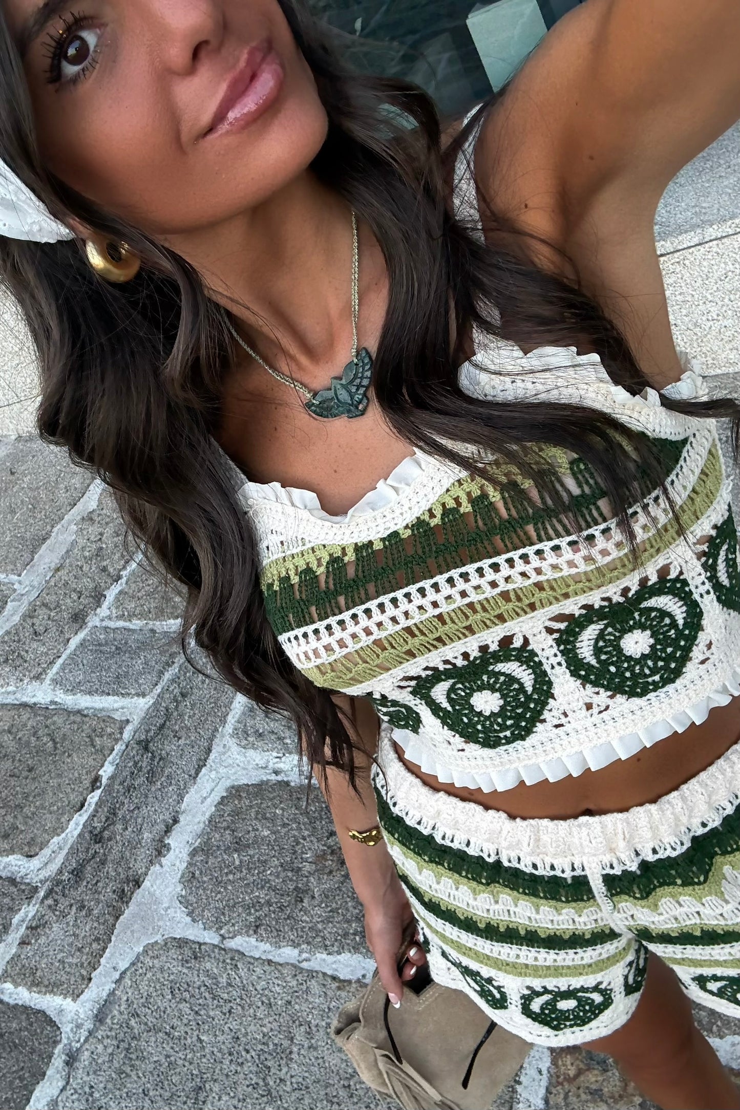 Crochet Two-Piece in Green Tones: Shorts and Top