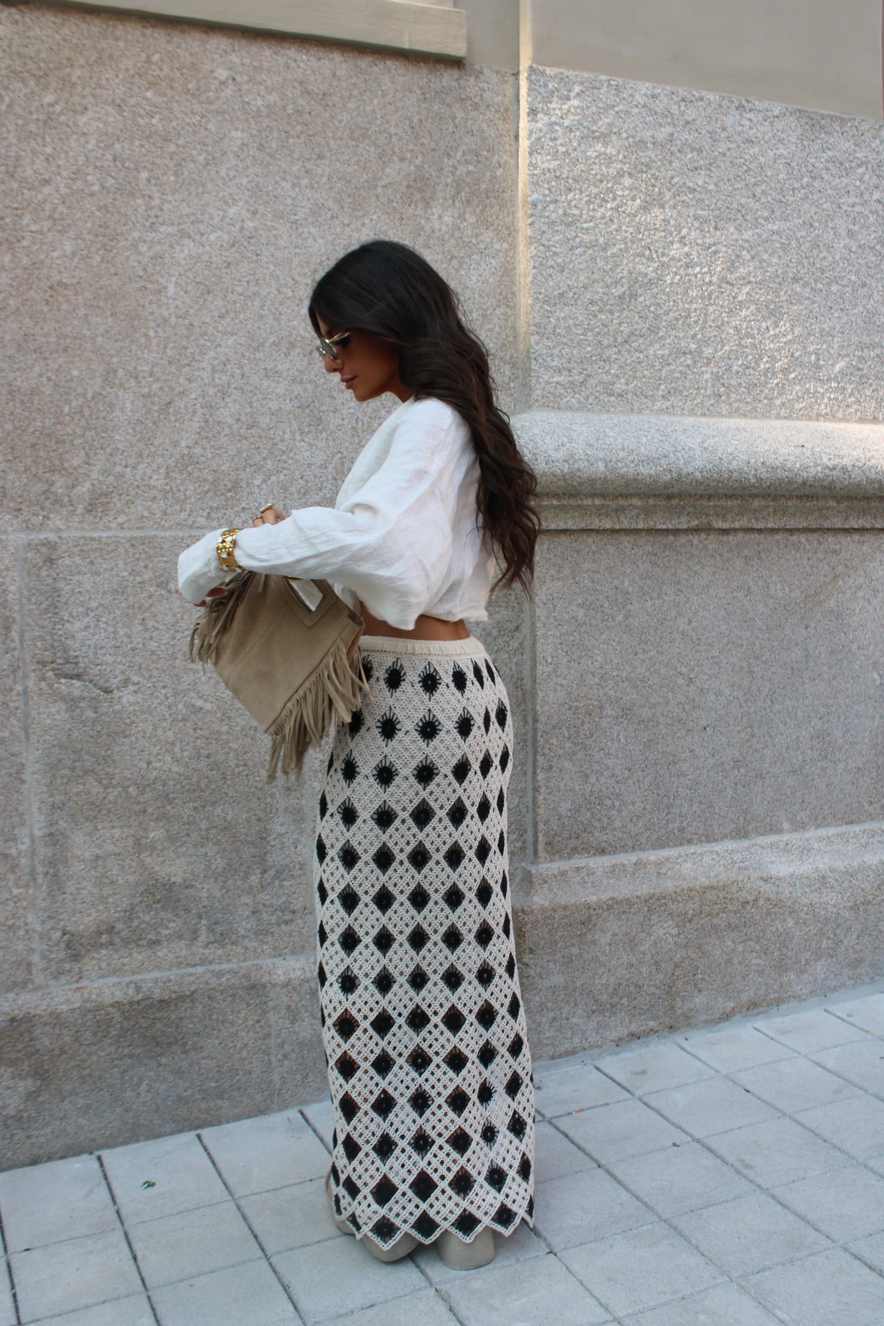 Two-Tone Crochet Maxi Skirt: Beige and Black