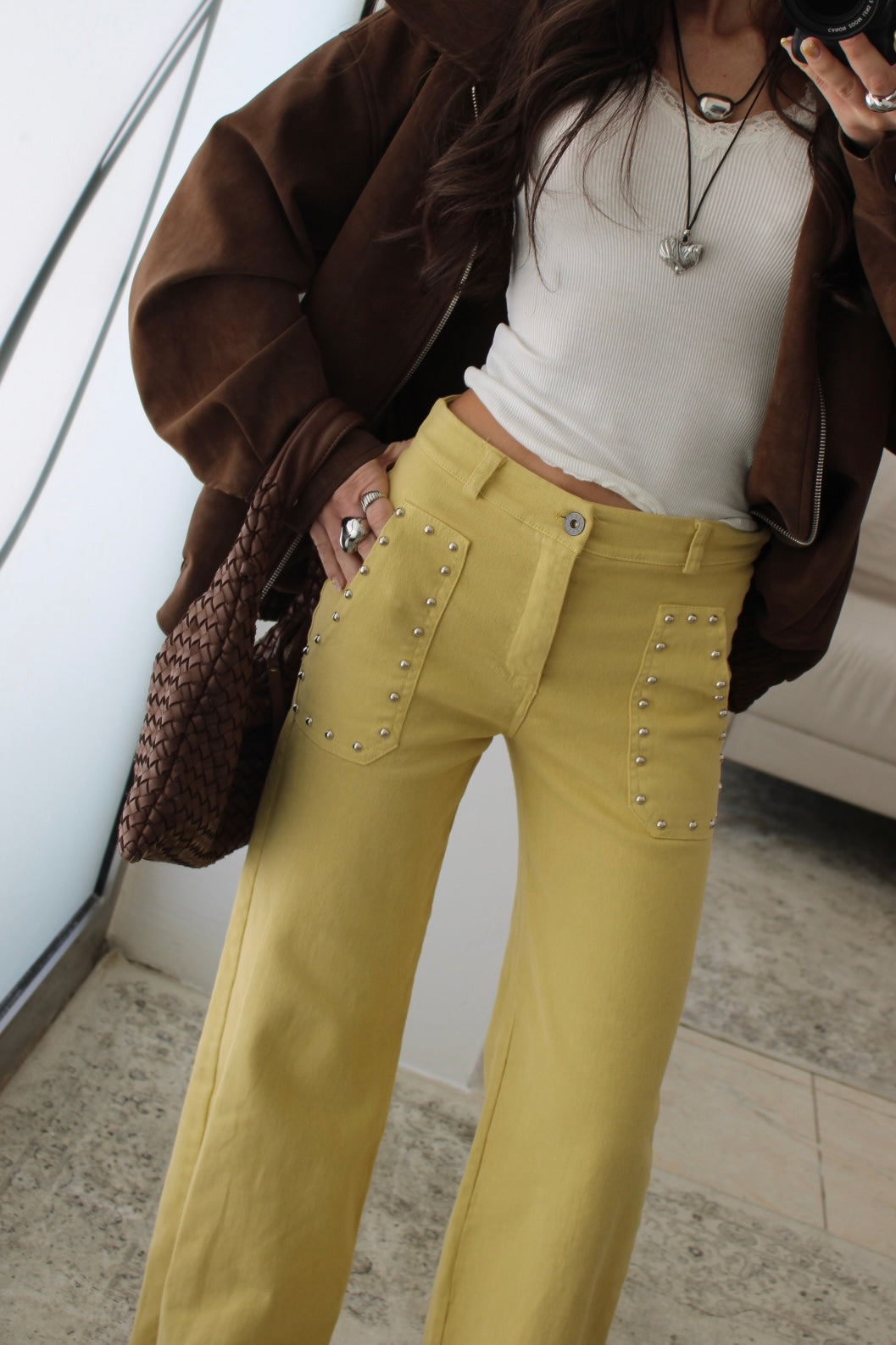 Yellow Jeans with Front Pockets and Studs