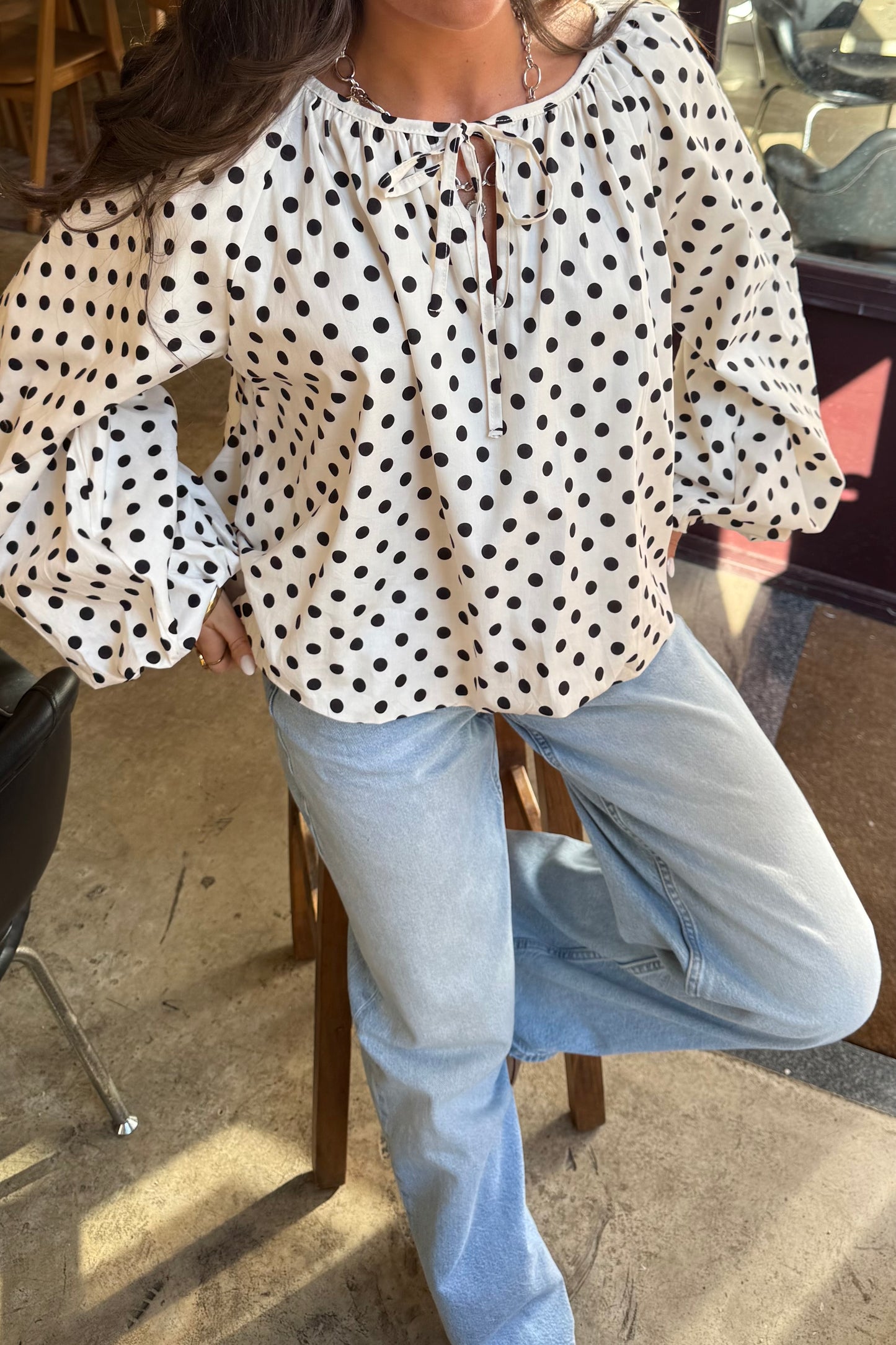 Polka Dot Balloon Blouse in White