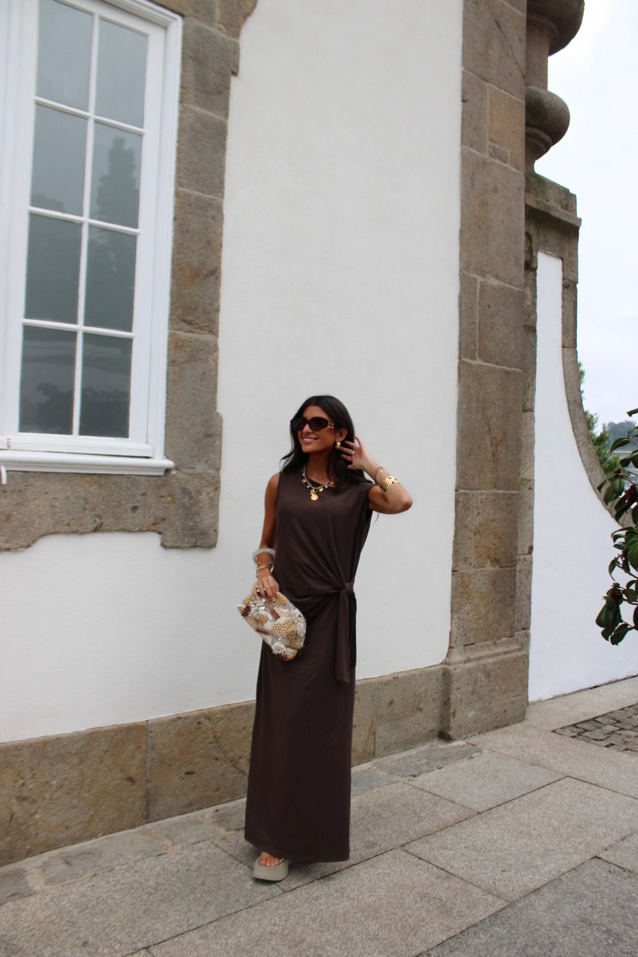 Long Dress with Side Knot in Brown
