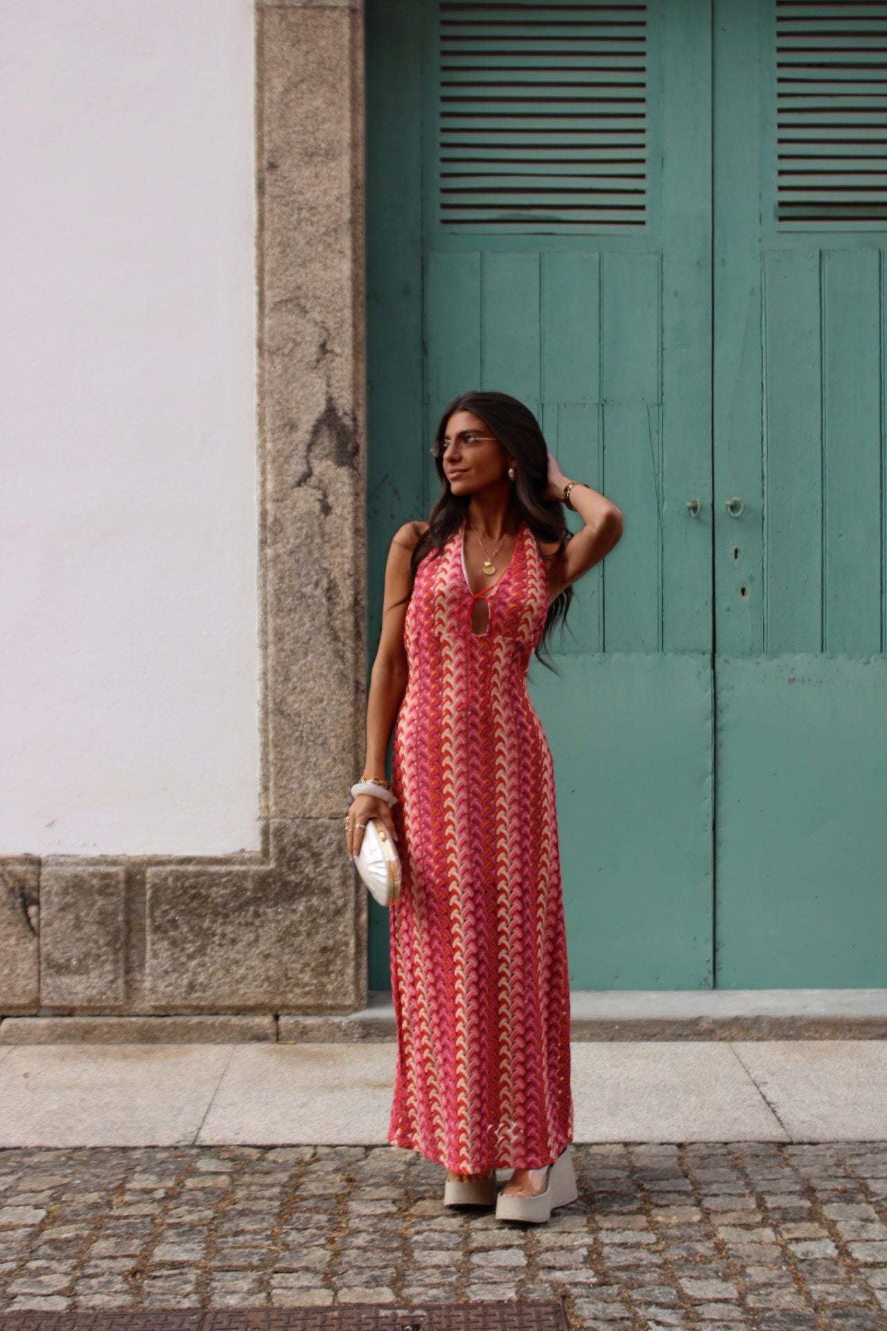 Maxi Crochet Dress in Vibrant Shades of Red and Pink
