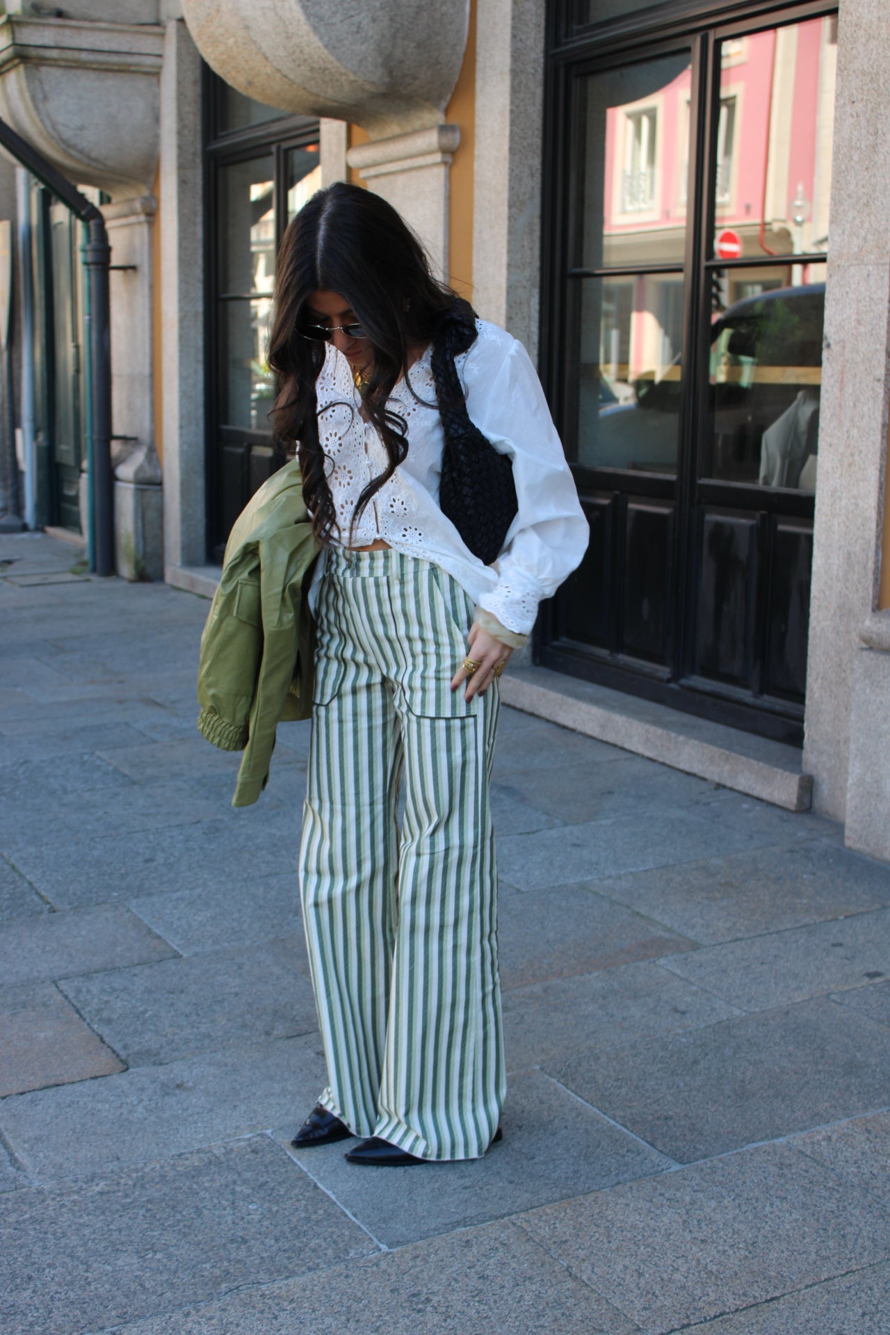 Green Striped Jeans with Front Pockets