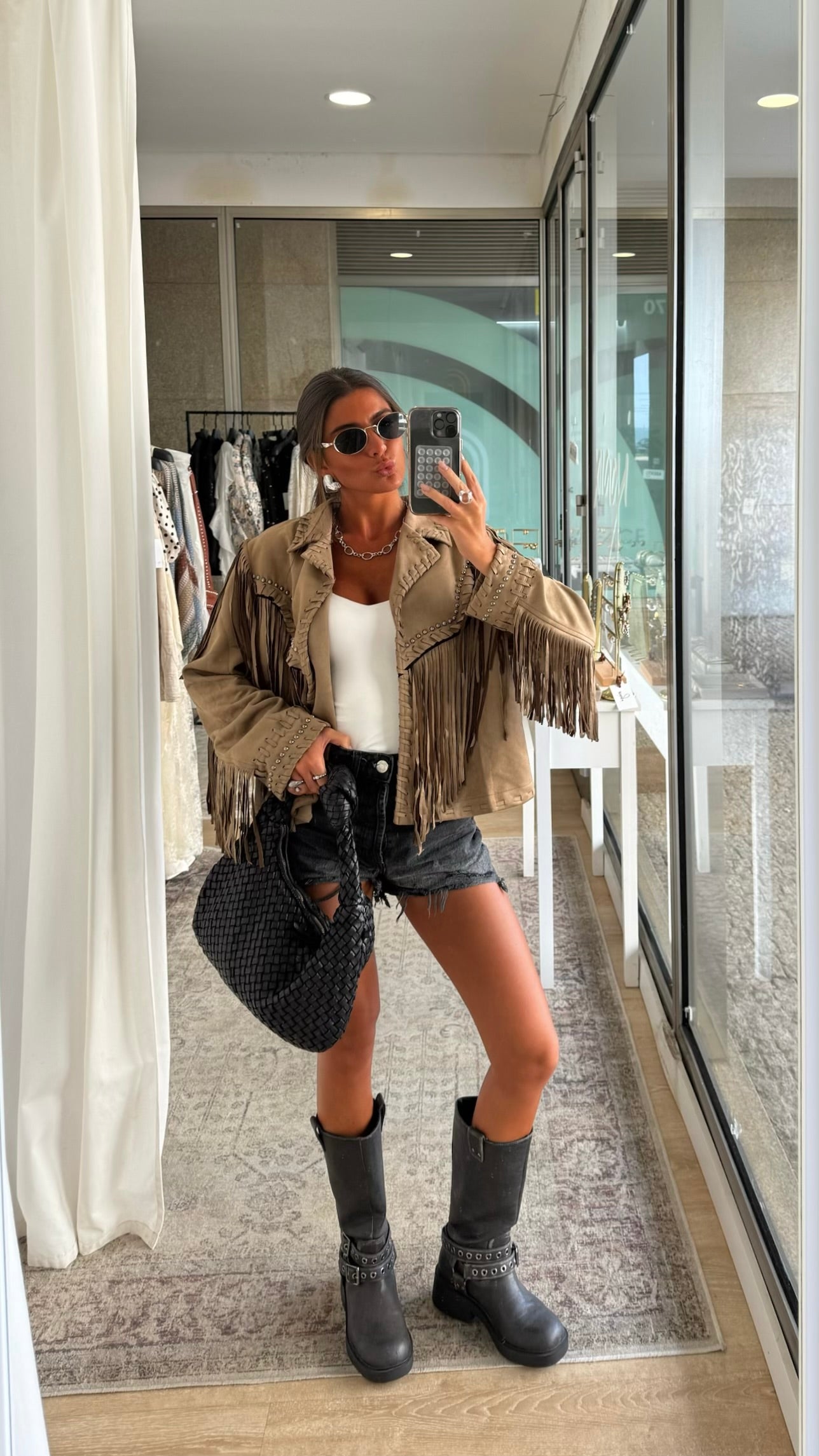 Suede-Effect Jacket with Fringe and Studded Details
