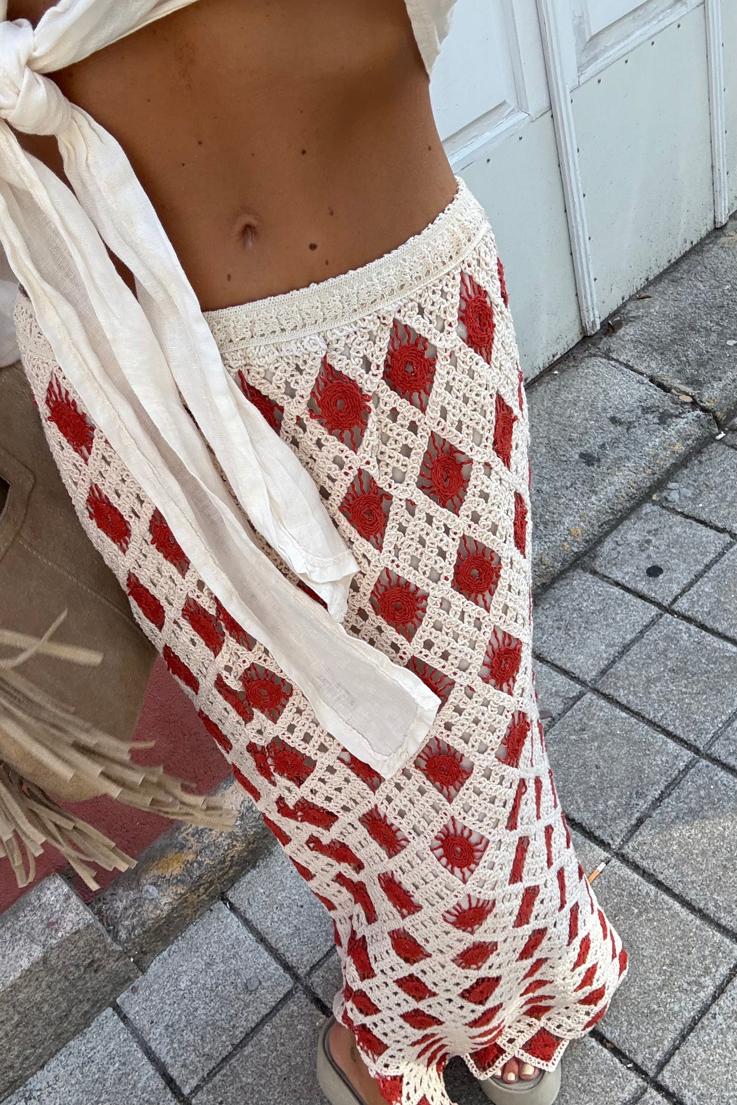 Two-Tone Crochet Maxi Skirt: Beige and Terracotta
