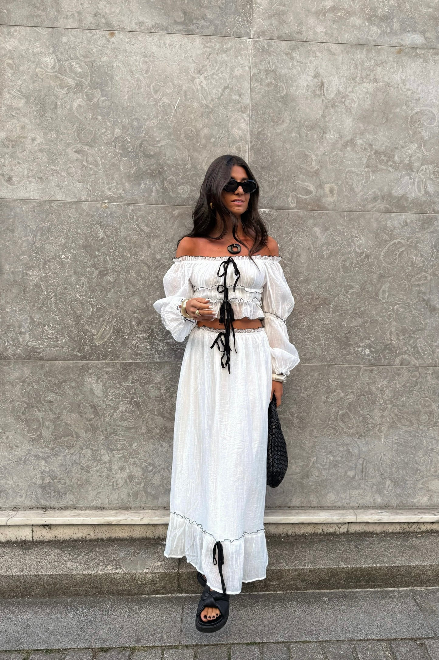 Two-Piece Set in White: Crop Top and Lined Maxi Skirt