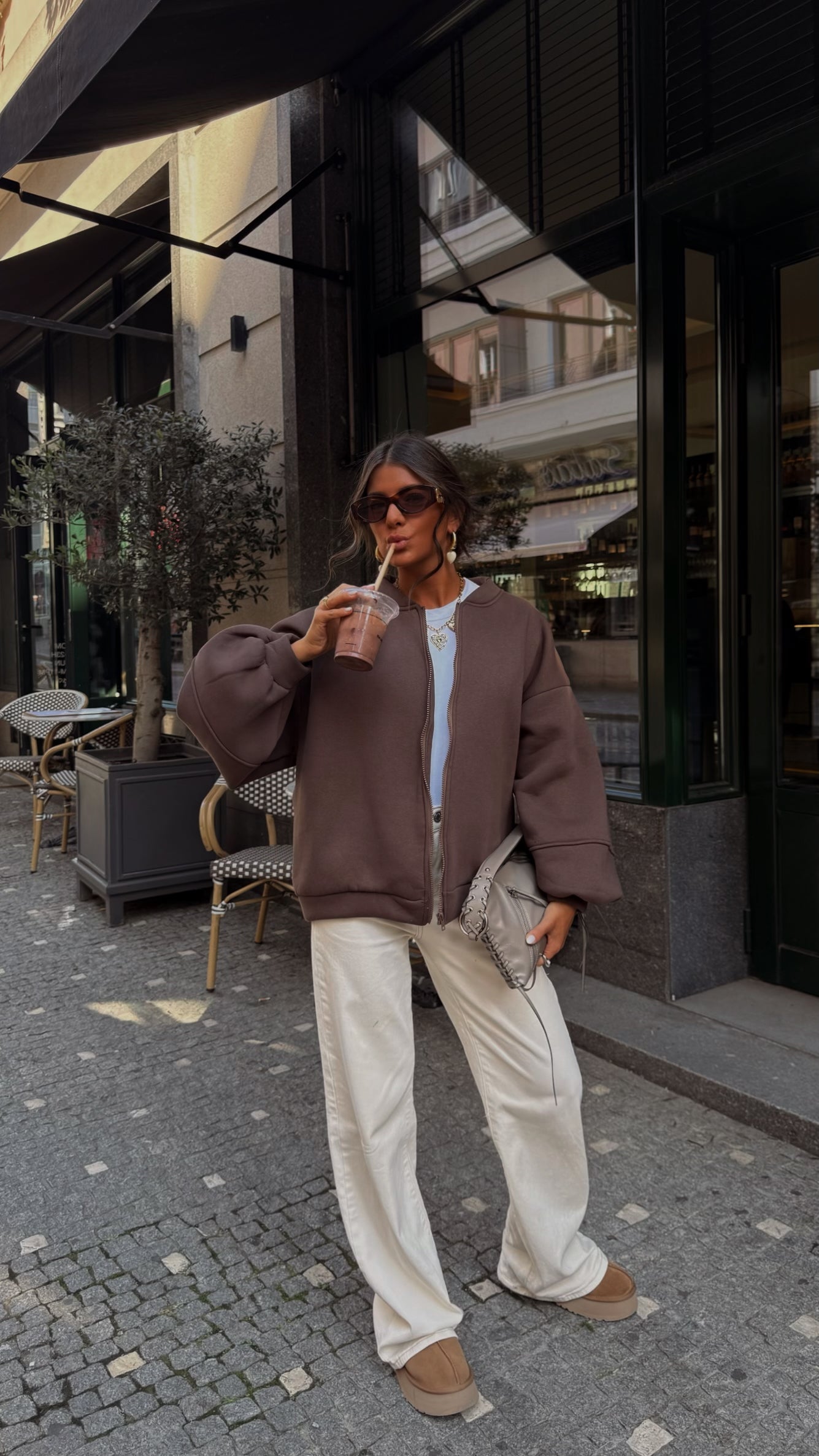 Love Back Bomber Jacket in Brown & Off-White