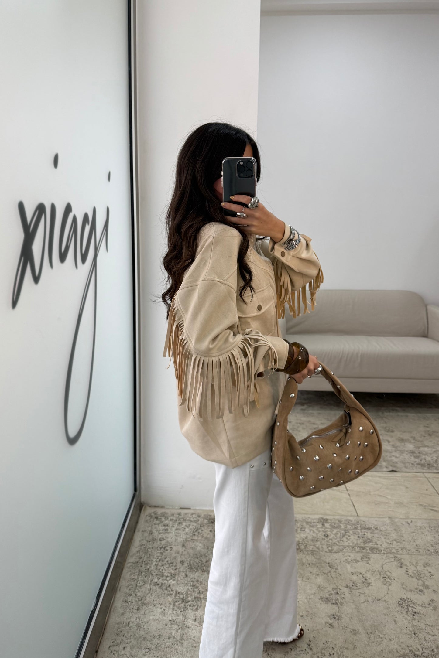 Fringed Suede-Effect Jacket in Off-White