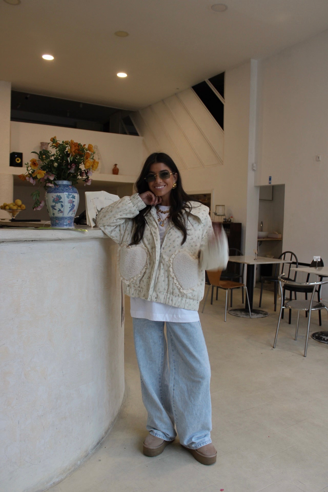 Floral Quilted Jacket with Fur Effect Pockets
