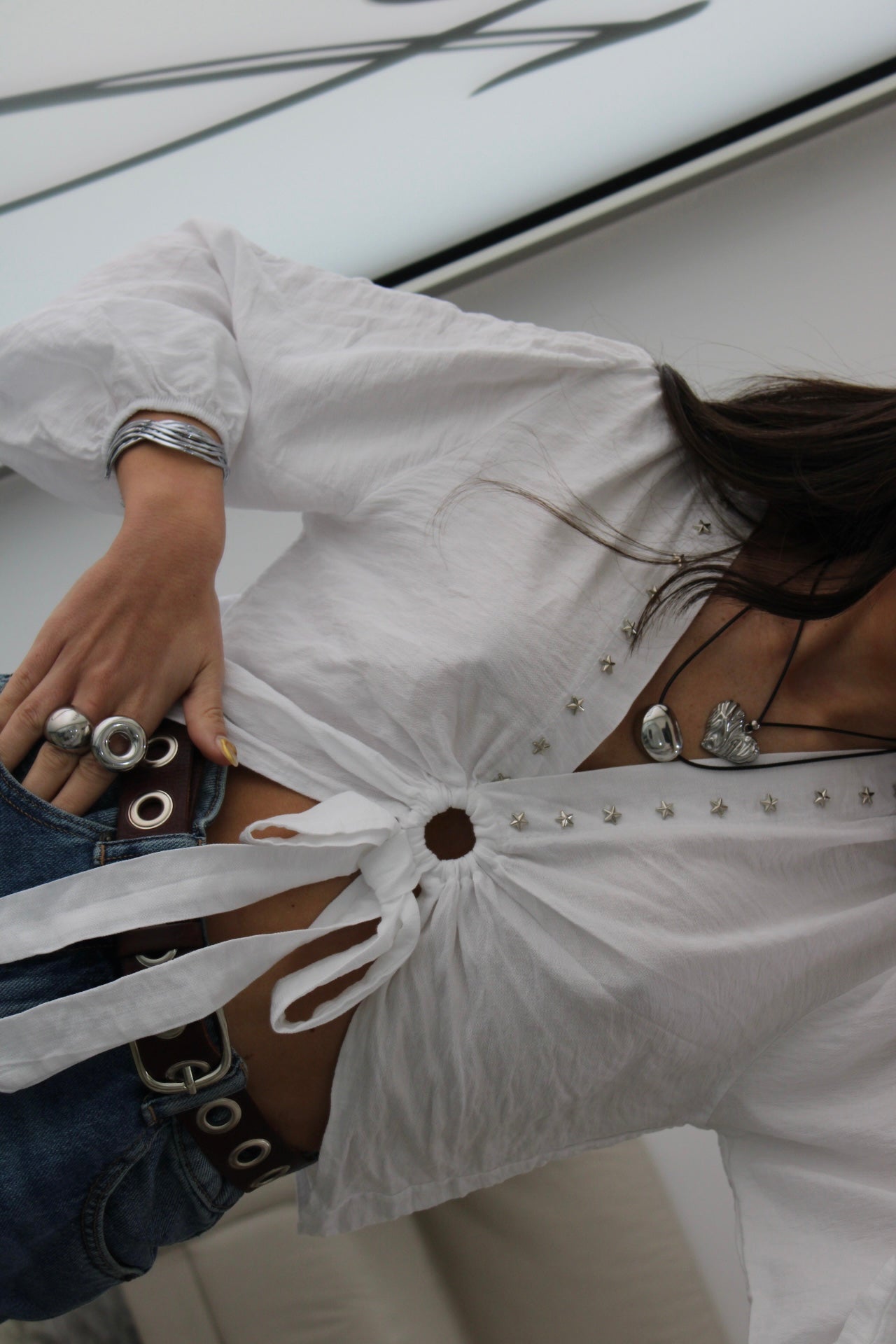 Cropped Top with Star Studs In White