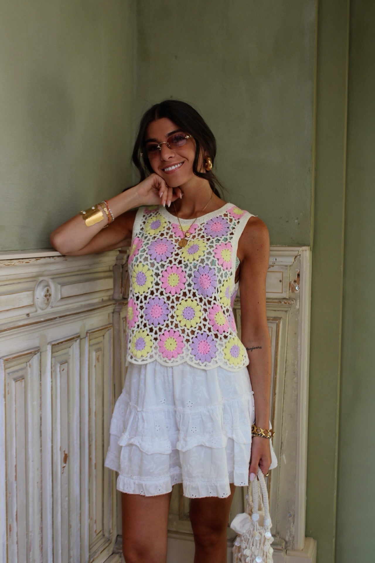 Pastel Bloom Crochet Top – Lilac & Butter Yellow