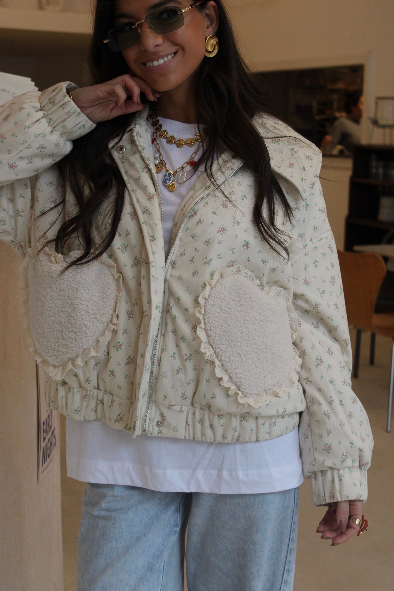 Floral Quilted Jacket with Fur Effect Pockets