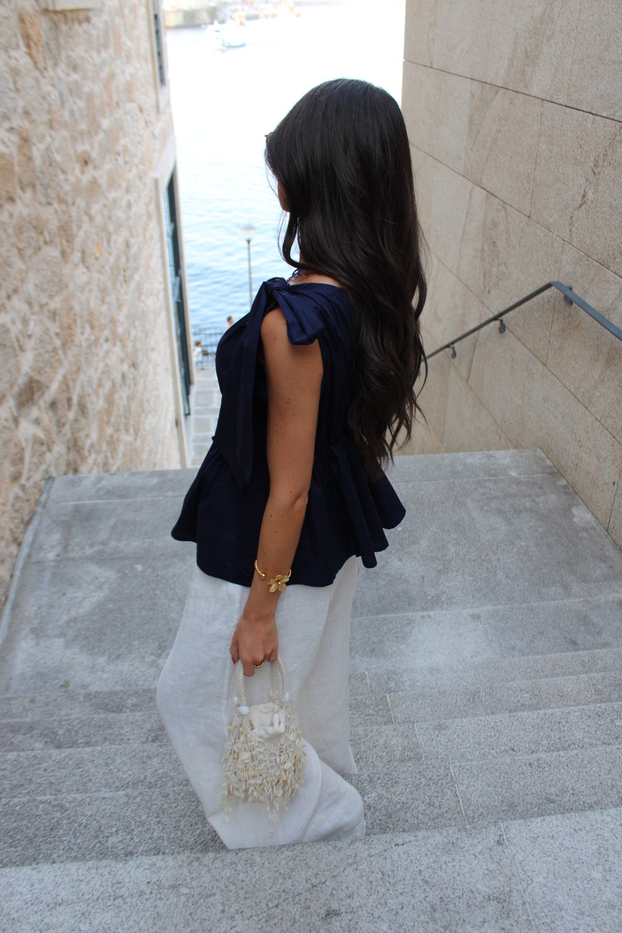 Asymmetrical Navy Top with Tie Detail