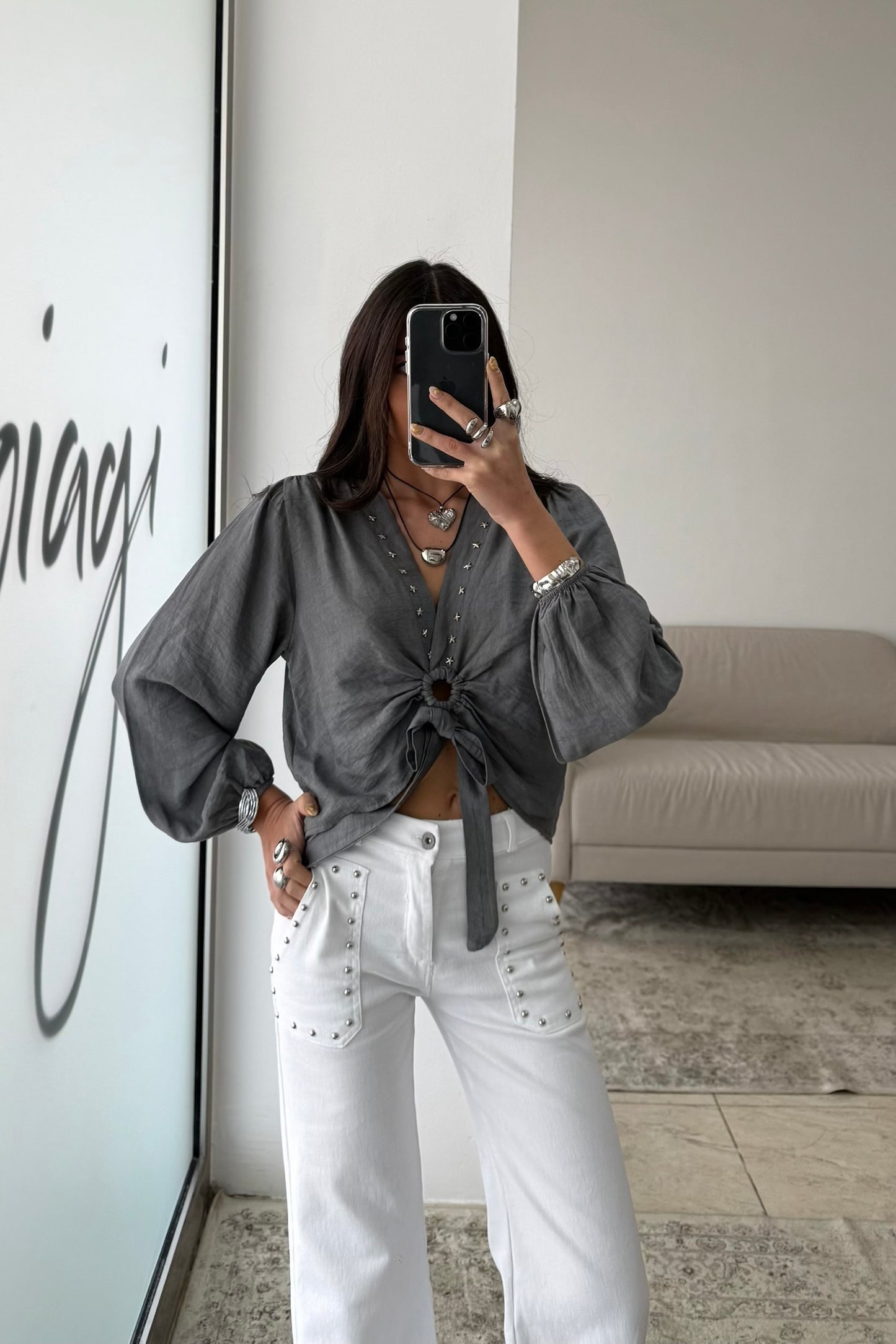 Cropped Top with Star Studs In Grey