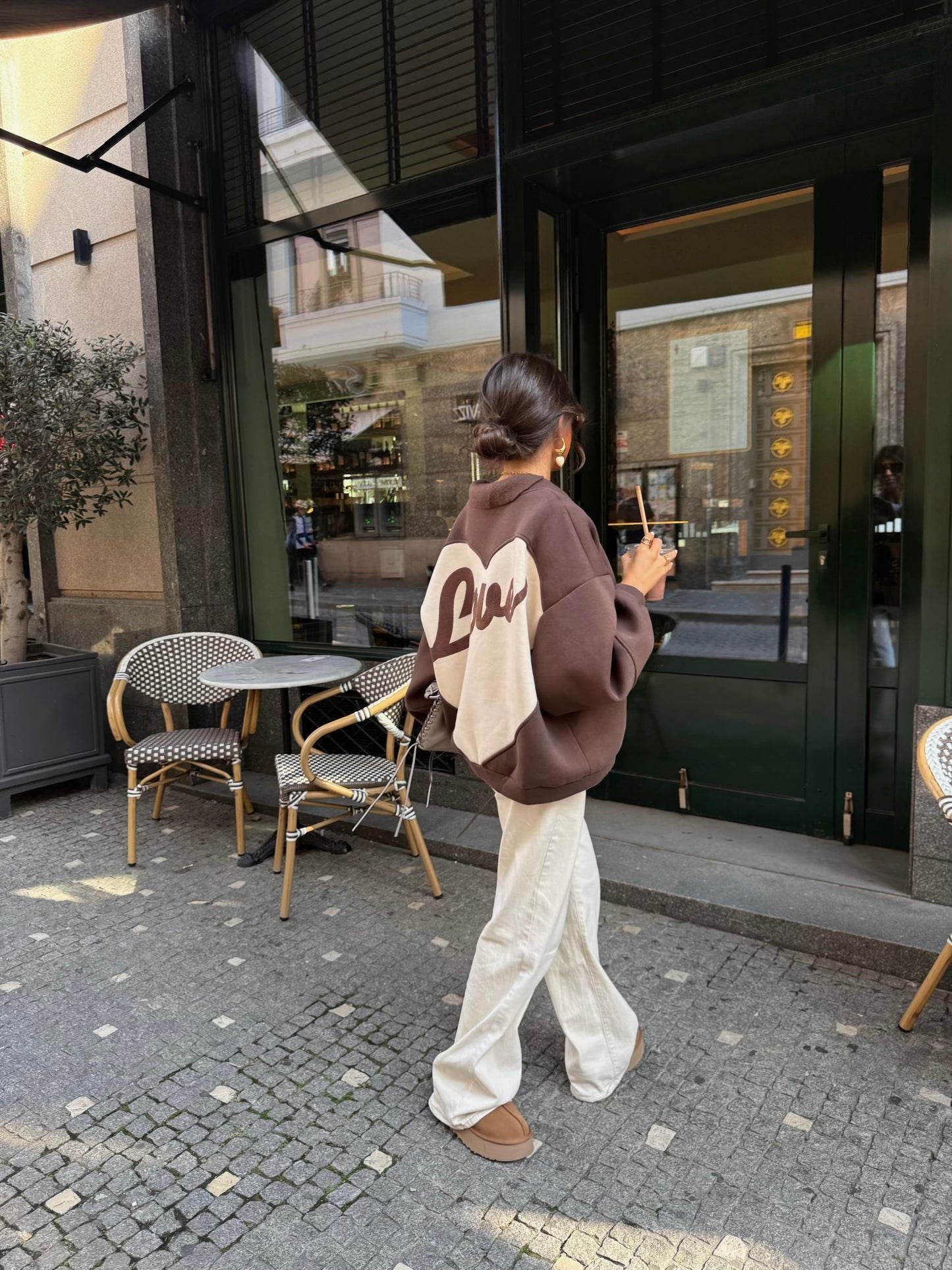 Love Back Bomber Jacket in Brown & Off-White