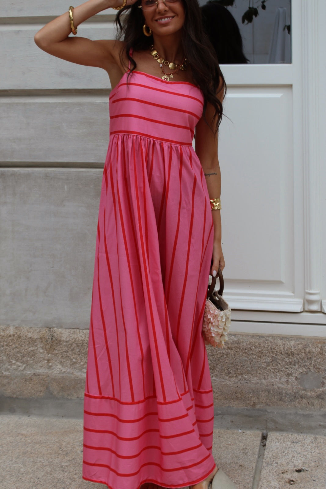 Pink & Red Striped Maxi Dress