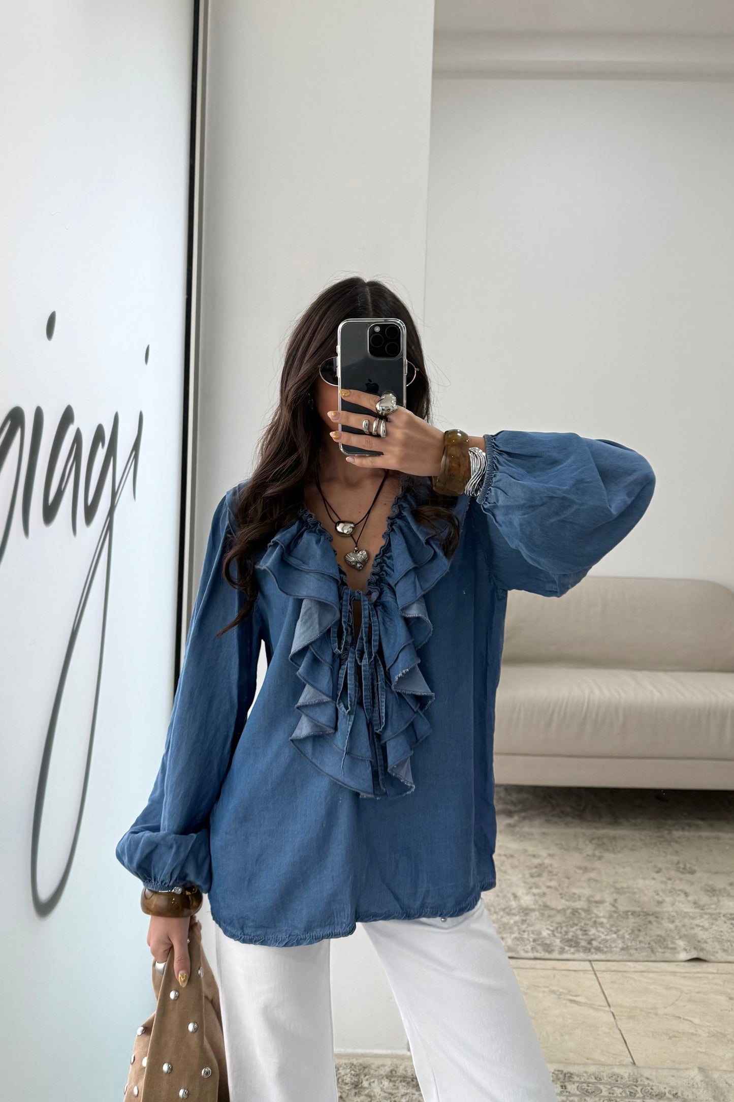 Denim Ruffled Blouse