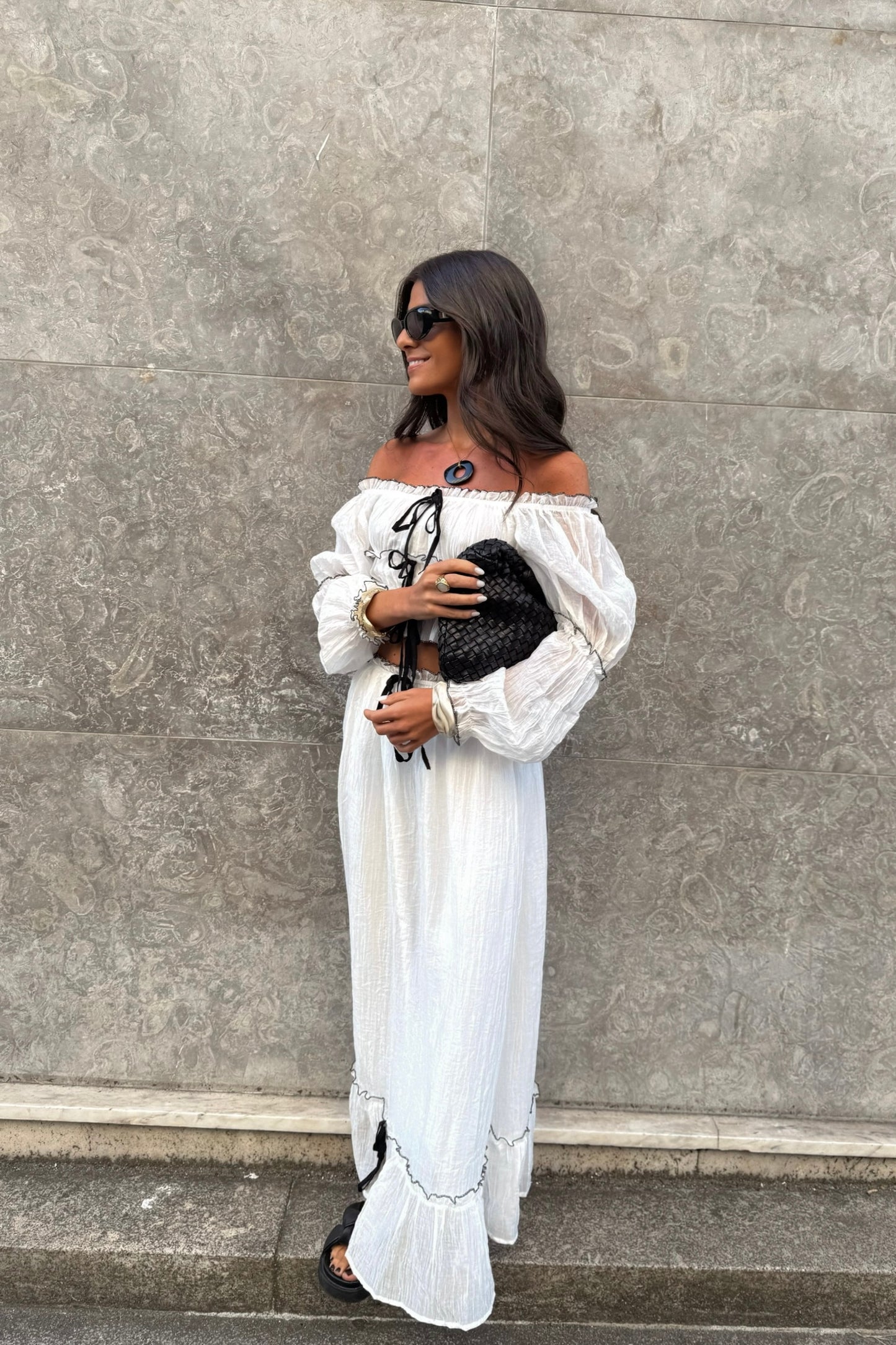 Two-Piece Set in White: Crop Top and Lined Maxi Skirt