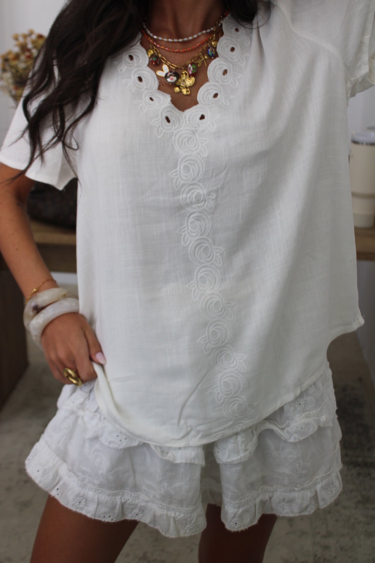 White T-shirt with Embroidered Details