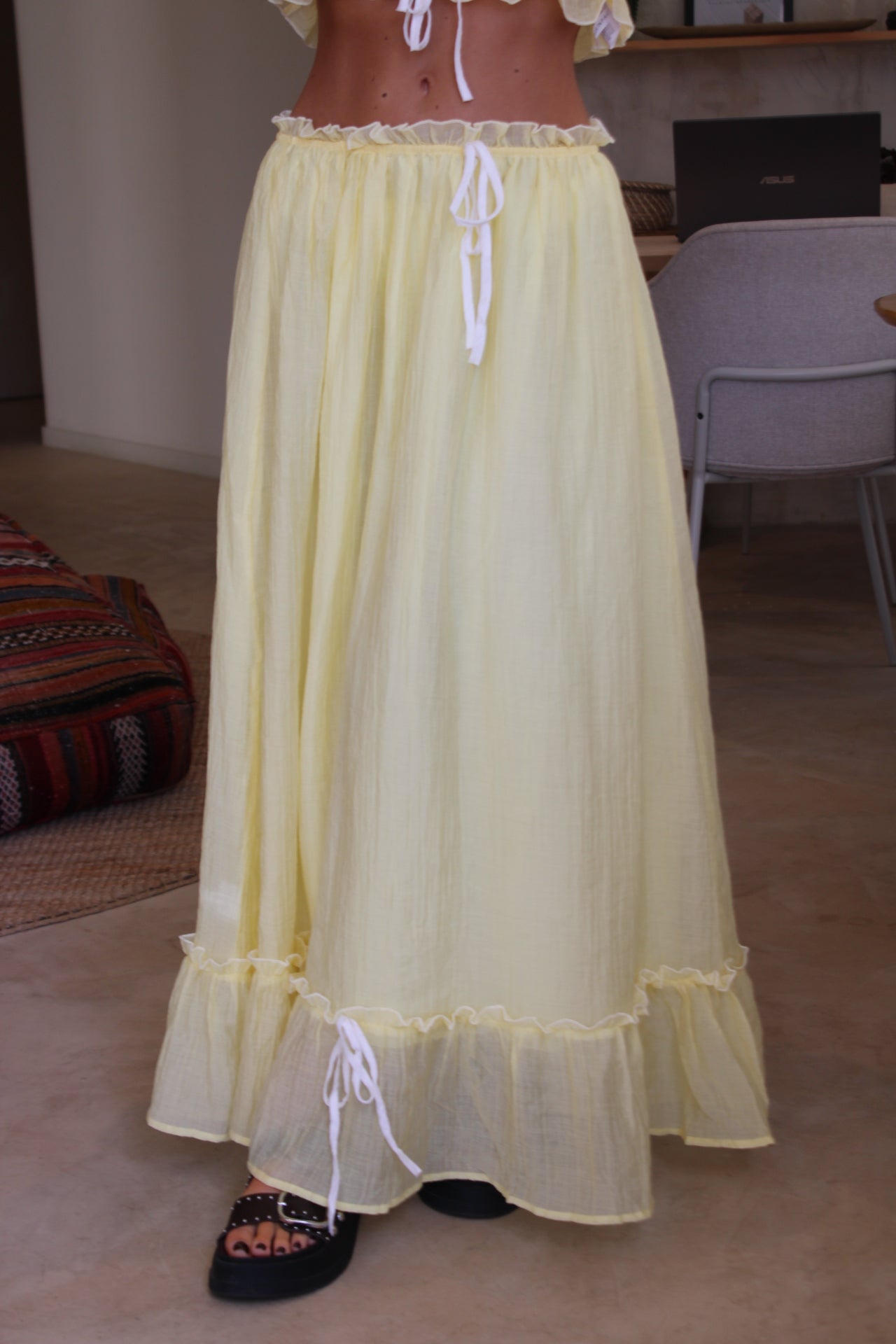 Two-piece Set in Butter Yellow: Crop Top and Lined Maxi Skirt