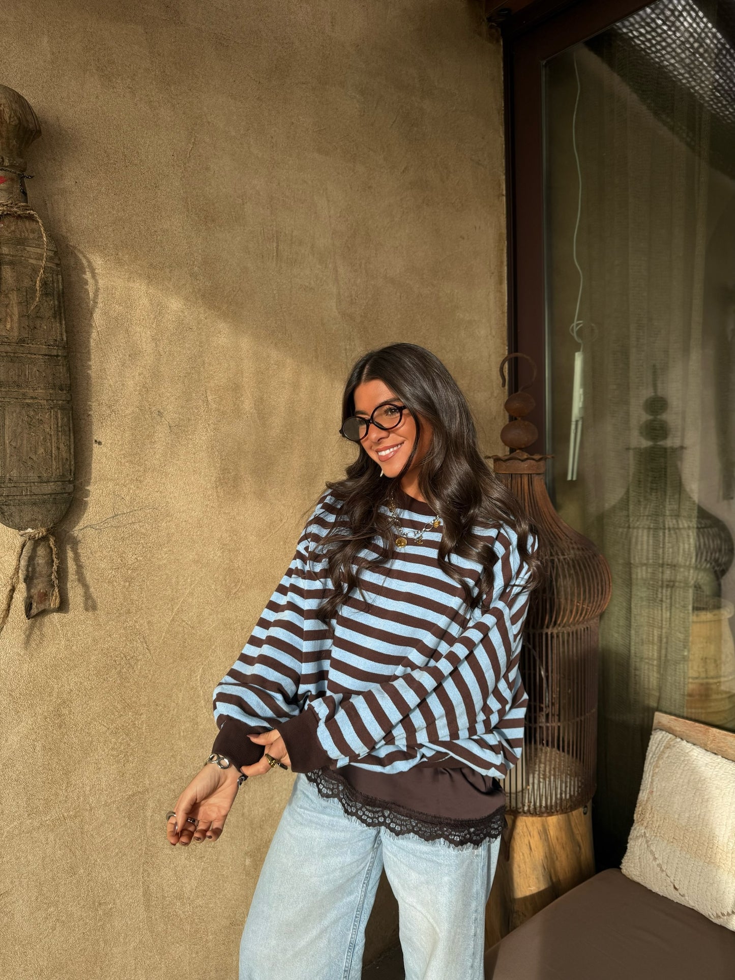Blue & Chocolate Striped Fleece Sweatshirt