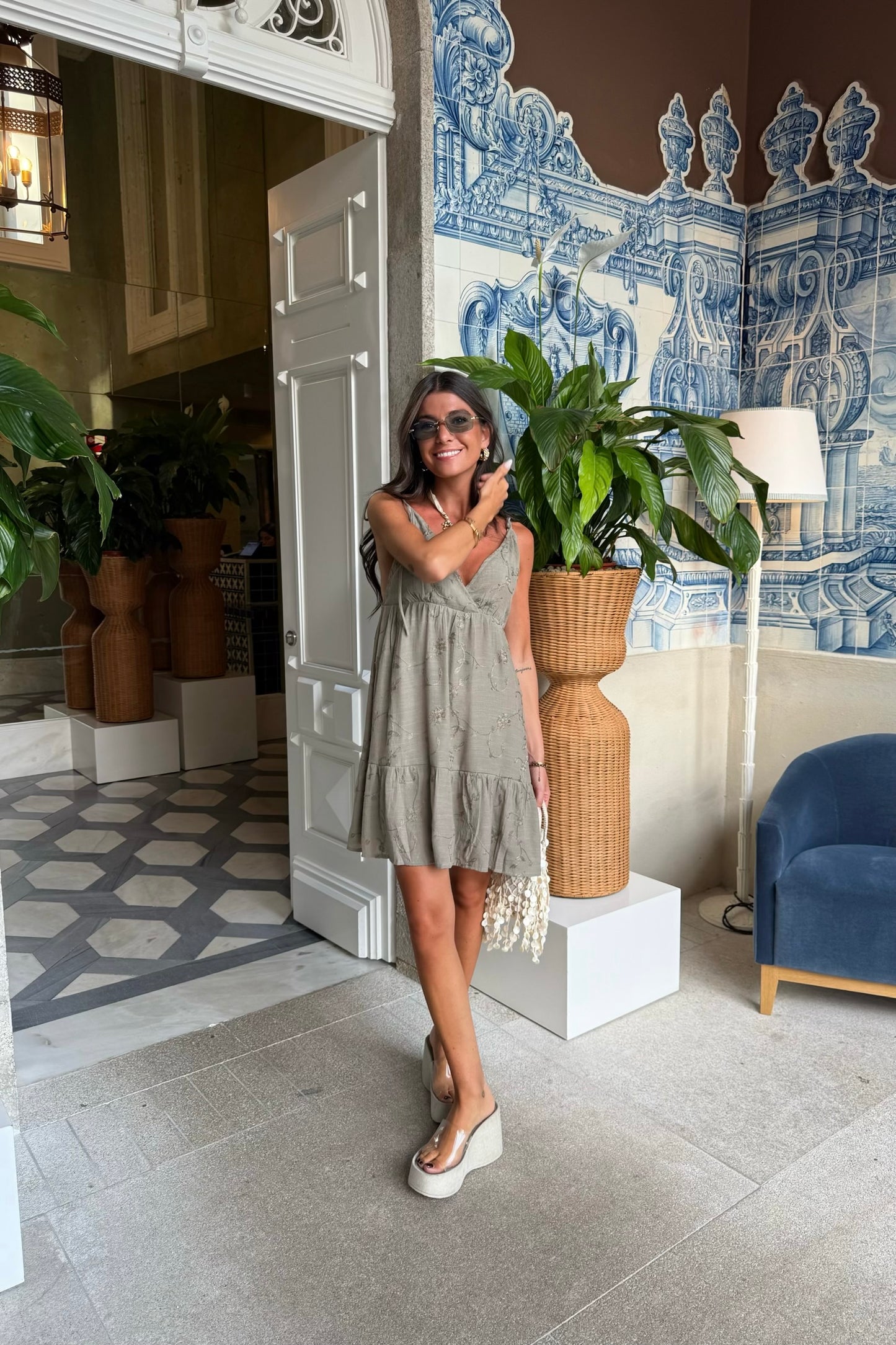 Boho Khaki Embroidered Dress