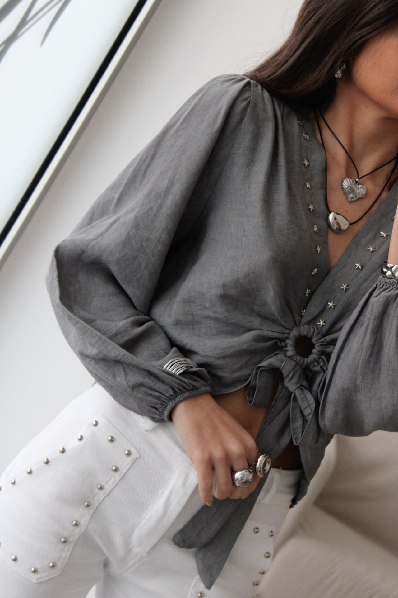 Cropped Top with Star Studs In Grey