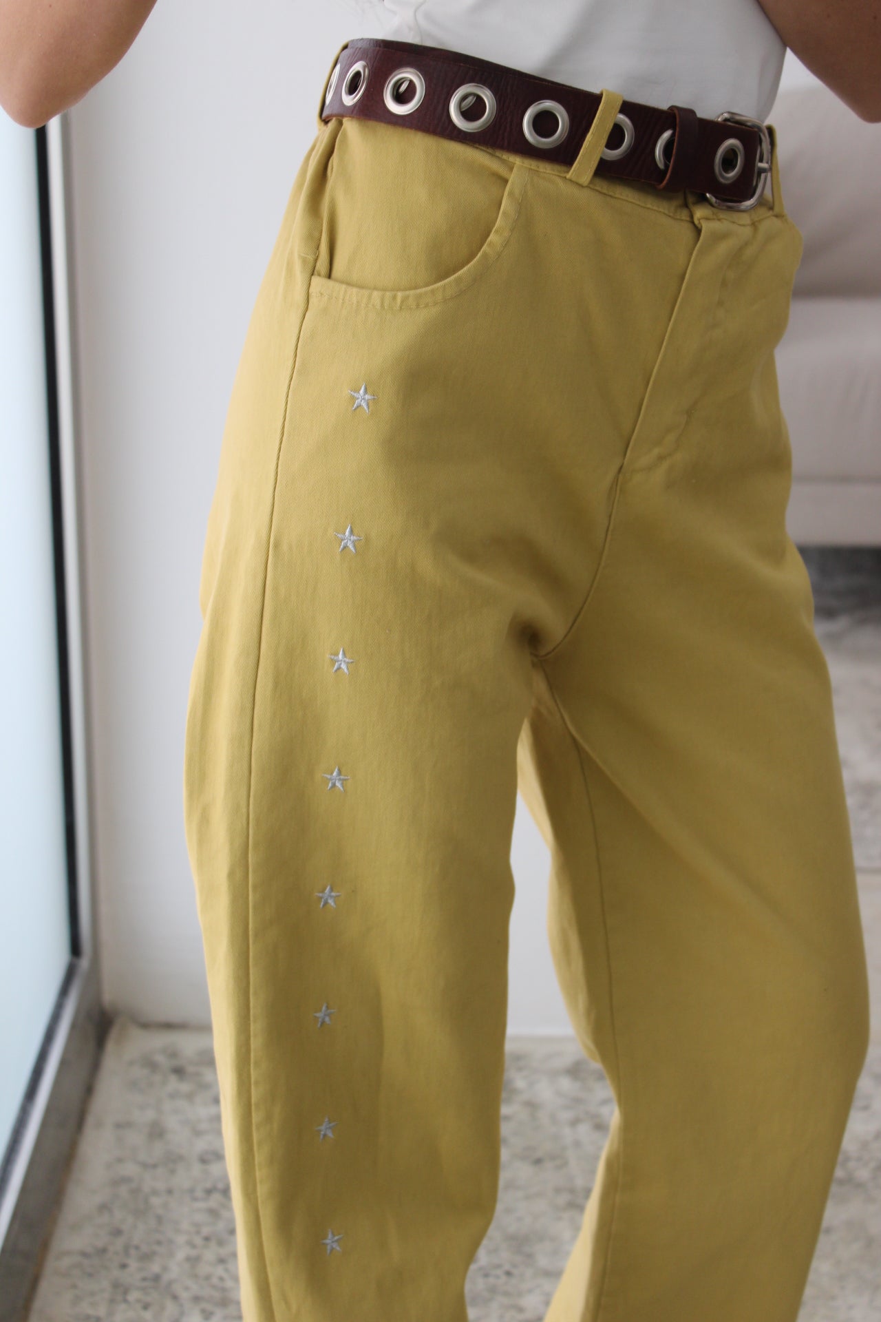 Mustard Jeans with Embroidered Details