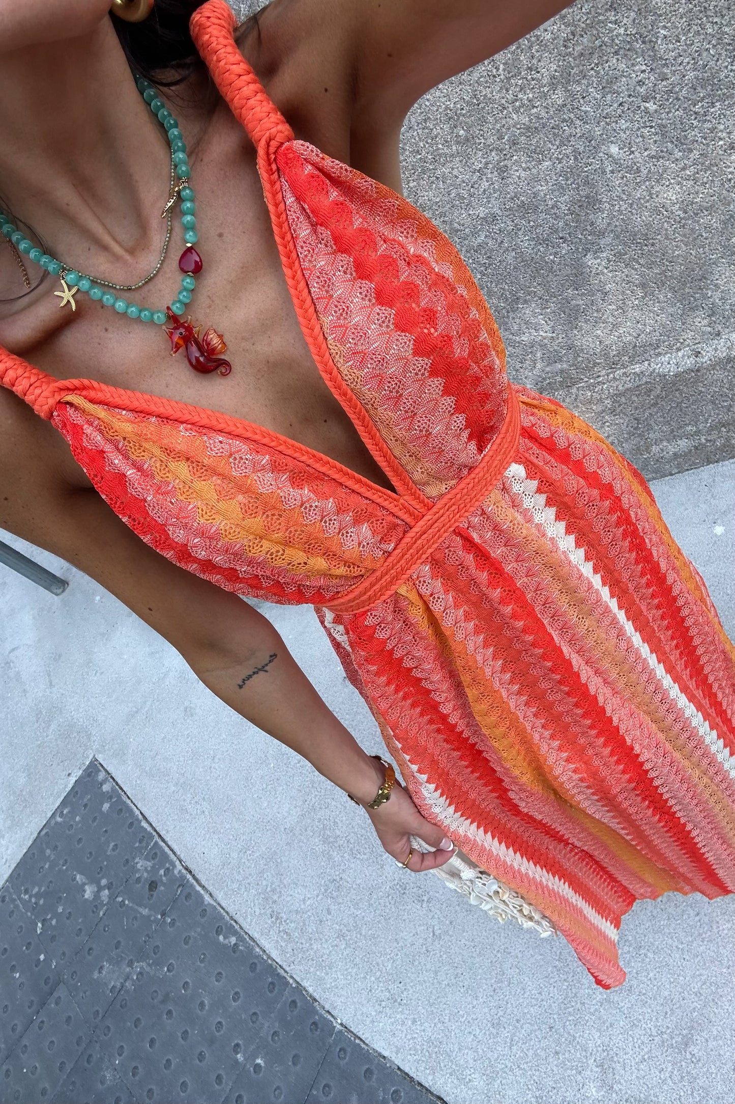 Long Crochet Dress in Shades of Orange