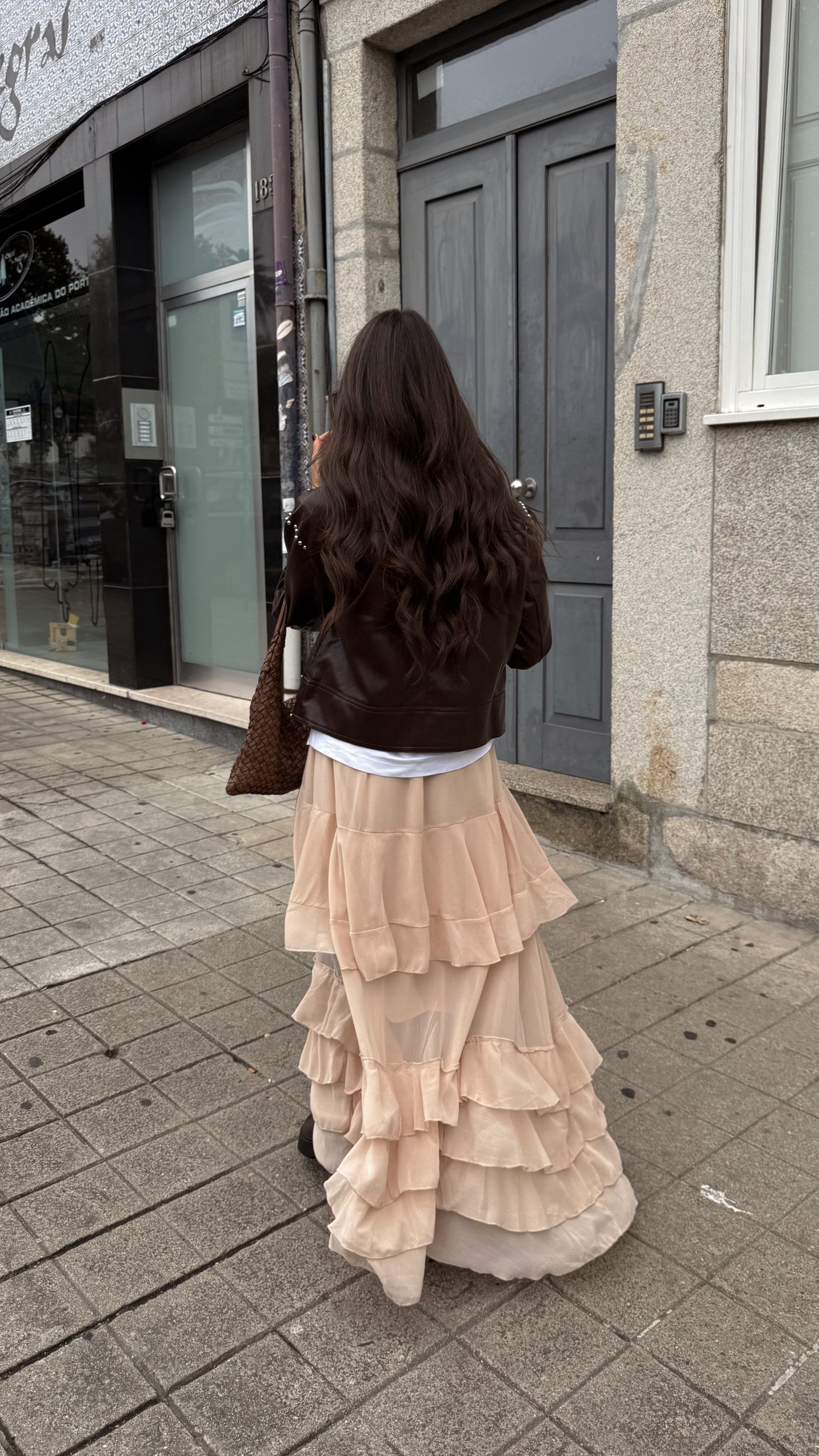 Tiered Ruffle Maxi Skirt in Nude