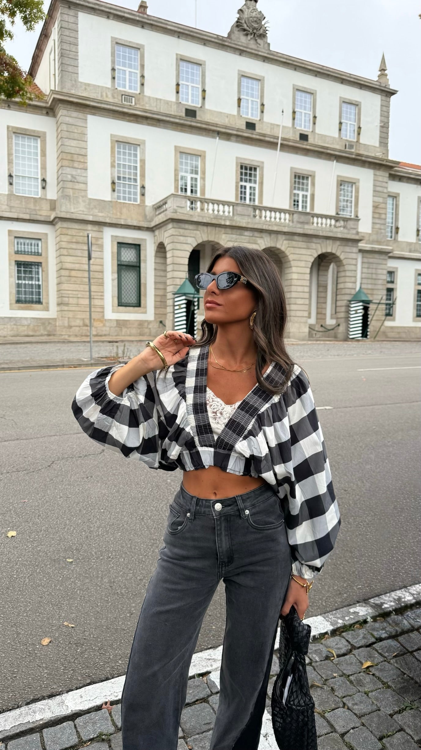 Black & White Vichy Crop Top with Balloon Sleeves