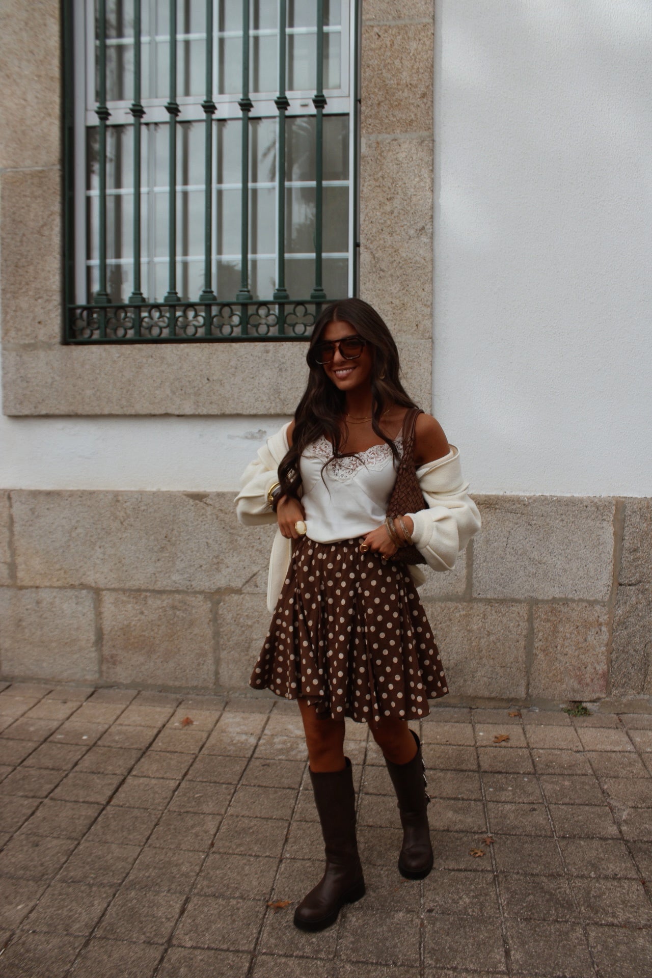 Polka Dot Pleated Skirt in Brown
