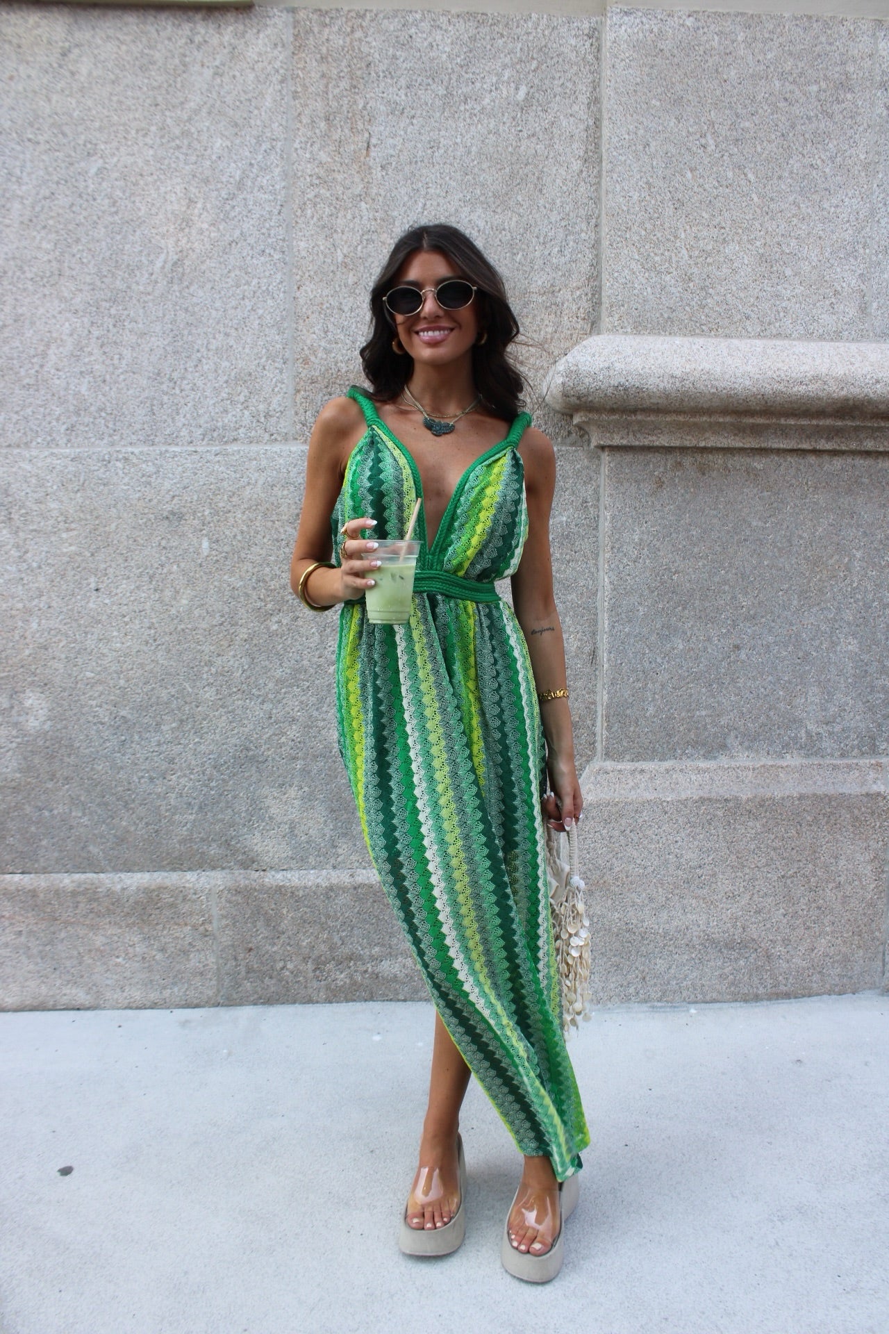 Long Crochet Dress in Shades of Green