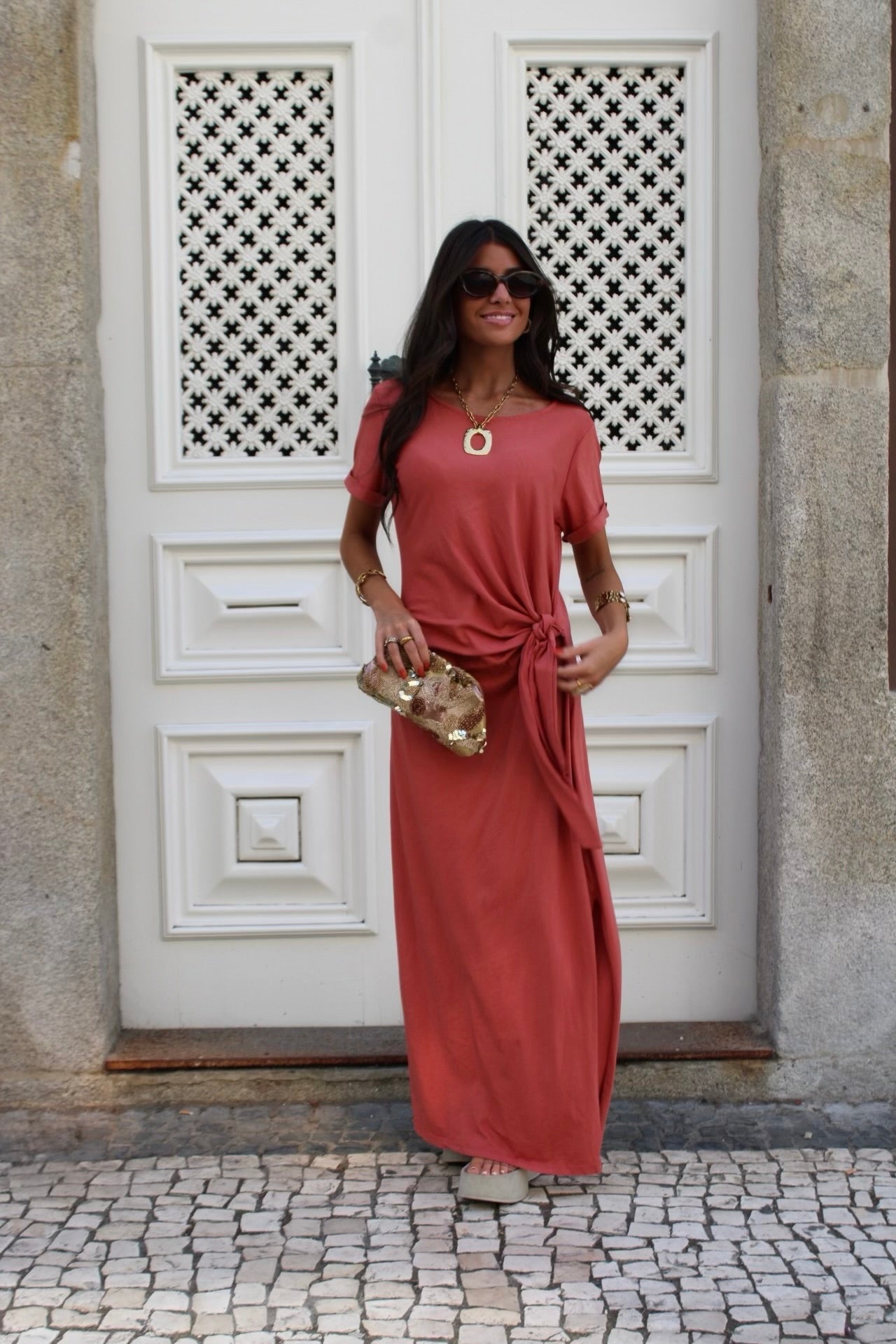 Long Dress with Side Knot in Terracotta