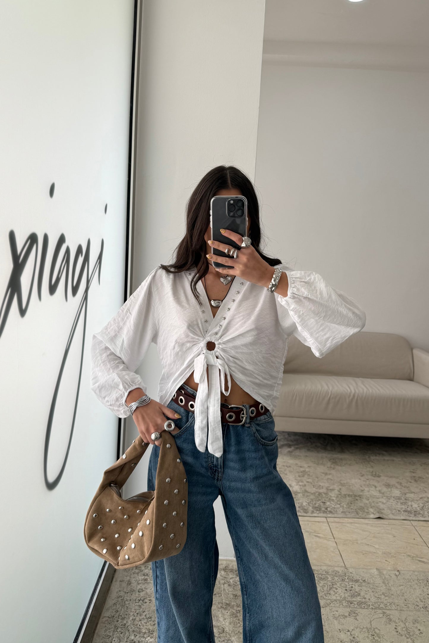 Cropped Top with Star Studs In White