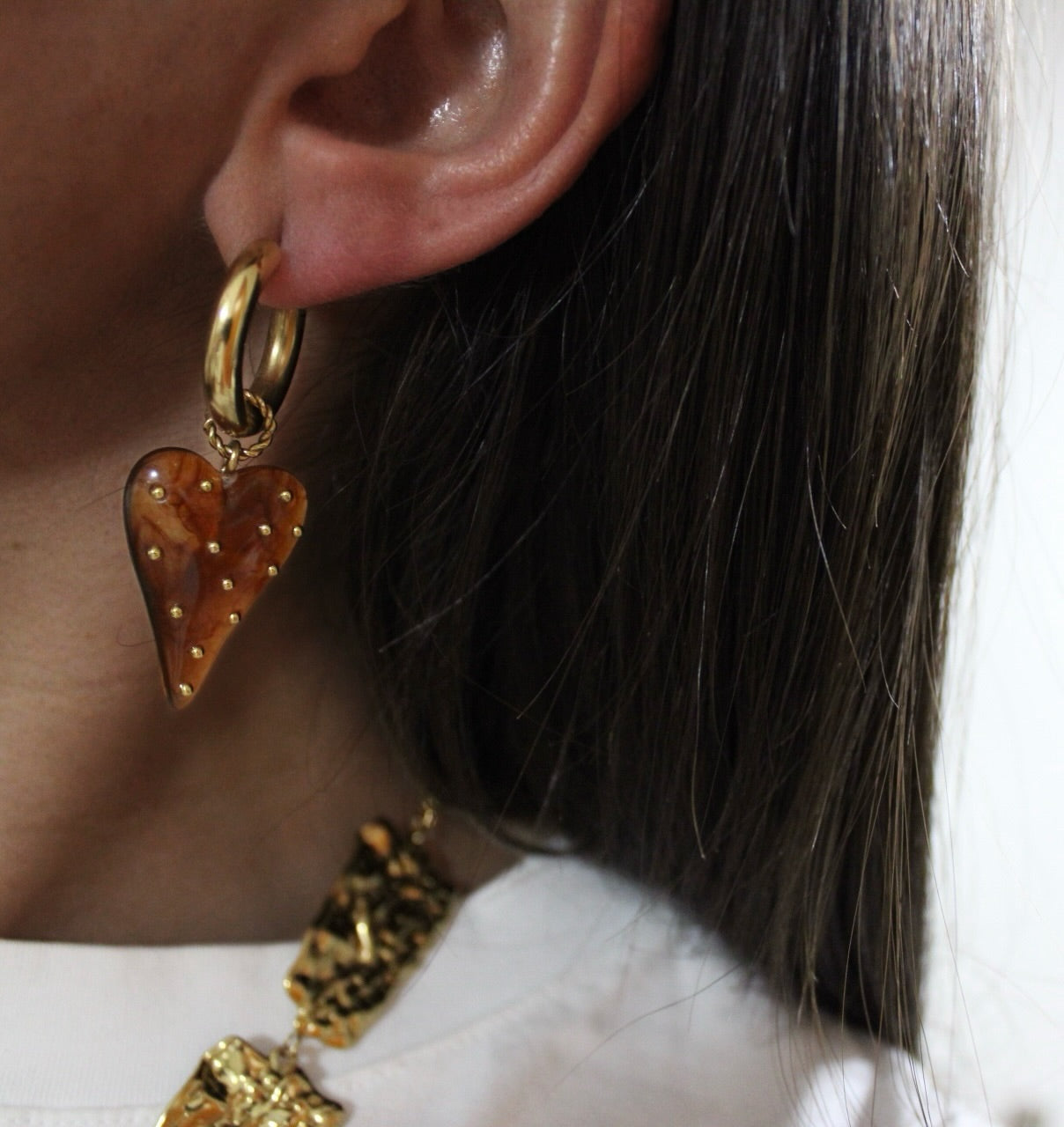 Brown Drop Hoop Earrings with Golden Details