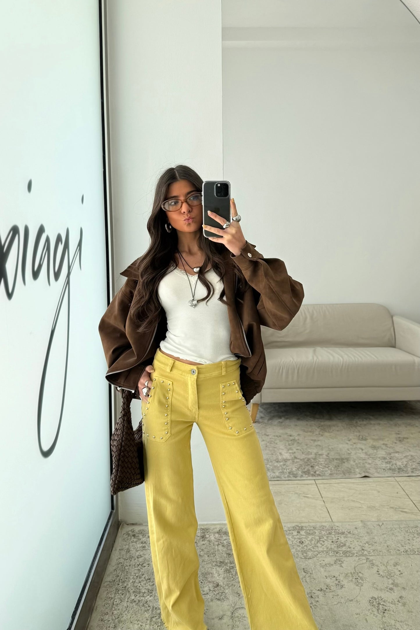 Yellow Jeans with Front Pockets and Studs
