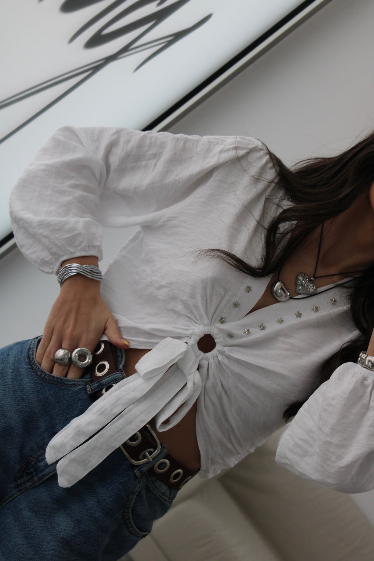 Cropped Top with Star Studs In White