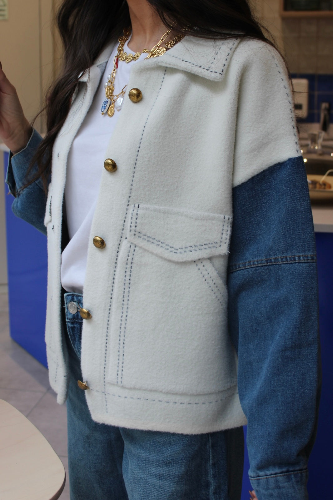 Double Knit Jacket with Denim Sleeves