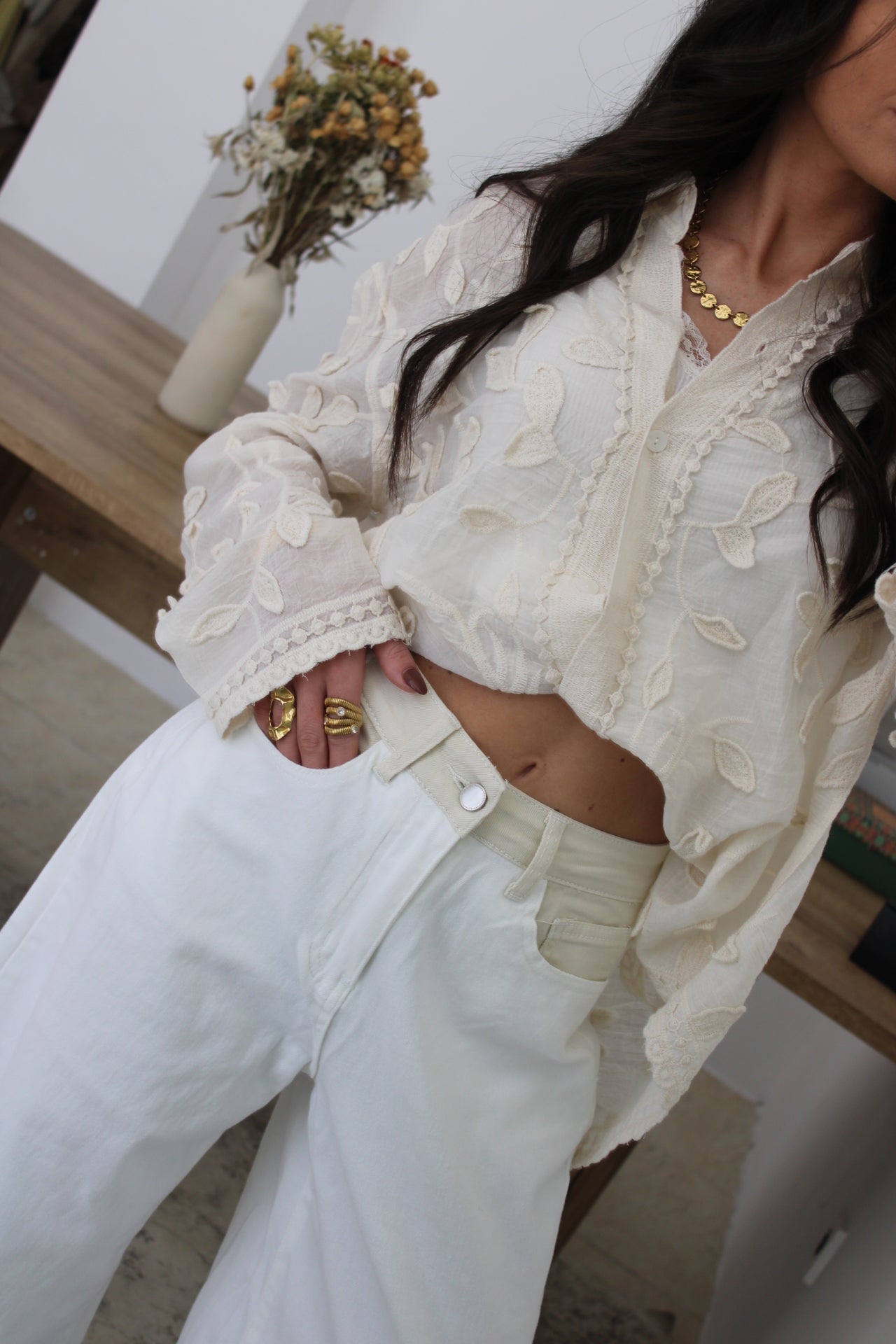 Wide Leg Jeans with Beige Waist