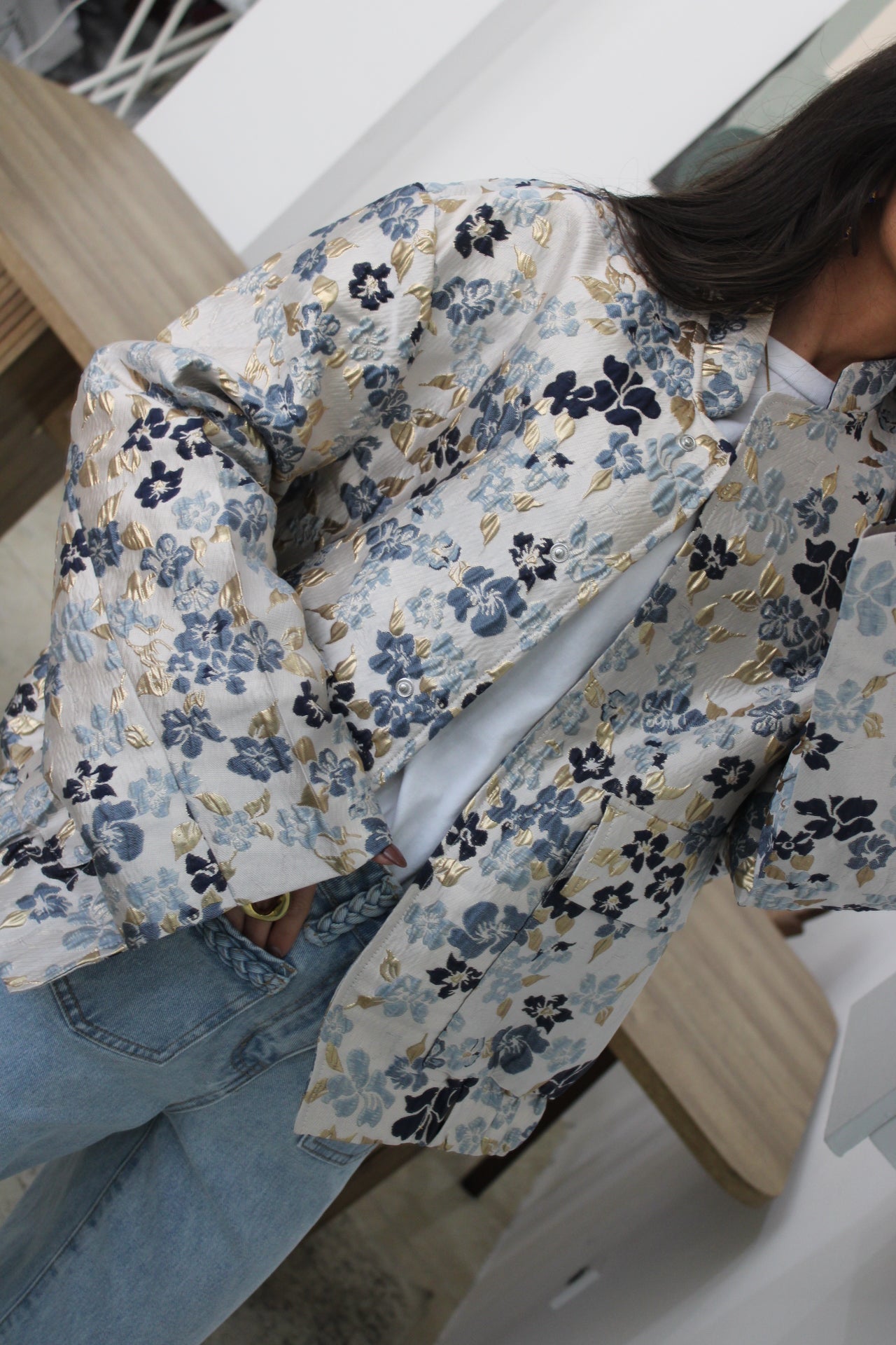 Blue Floral Bomber Jacket with Gold Accents