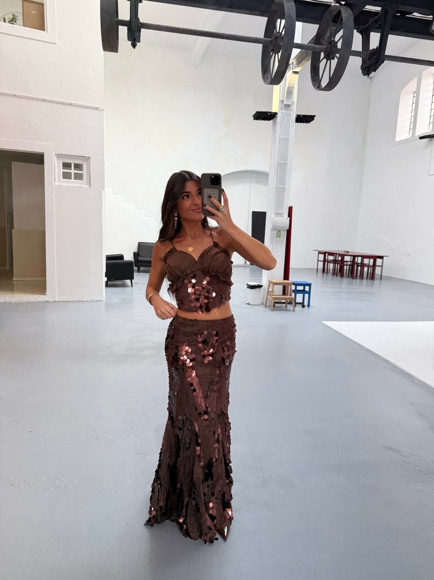 Chocolate Sequin Set | Top & Long Skirt