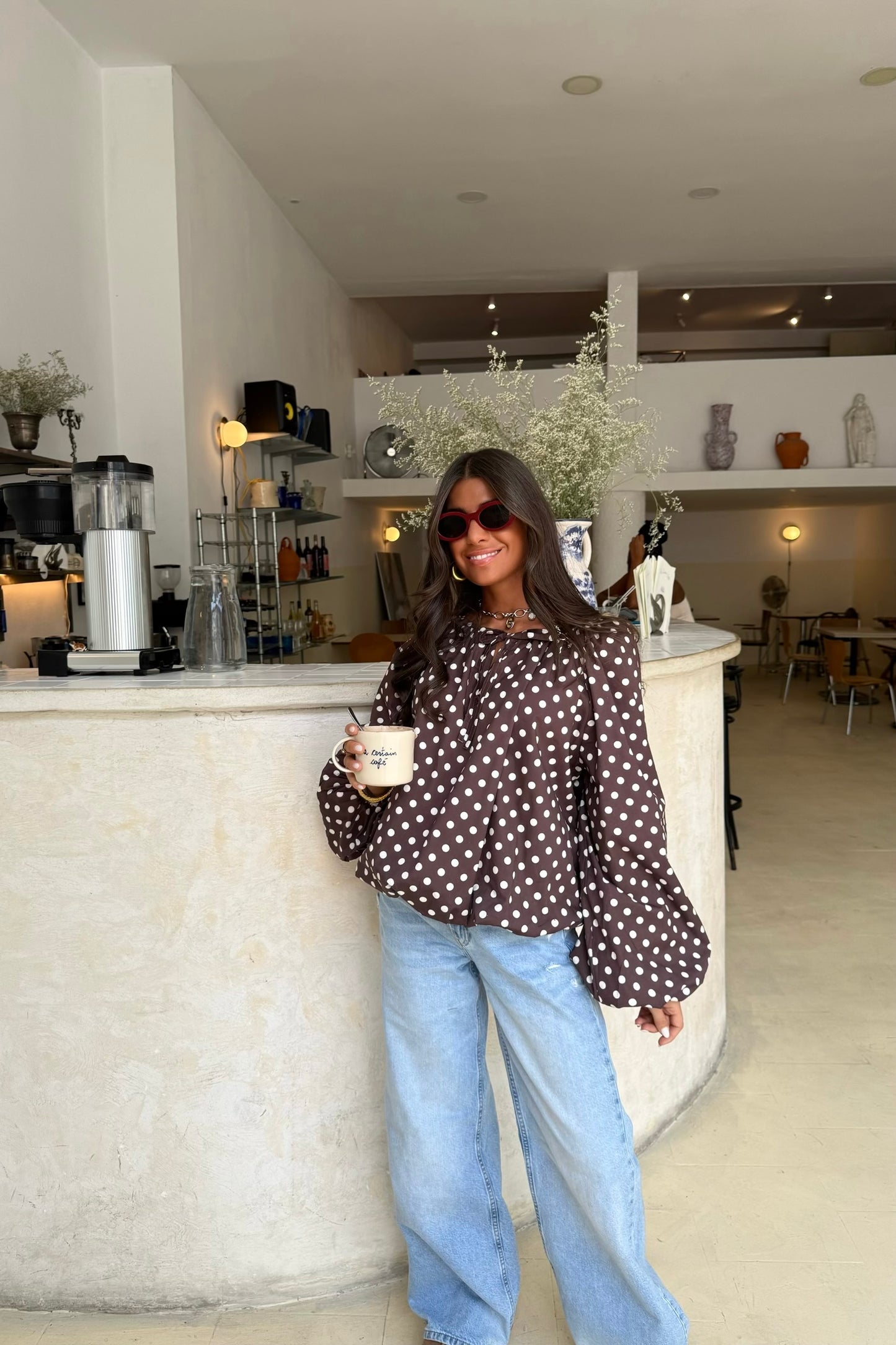Polka Dot Balloon Blouse in Brown