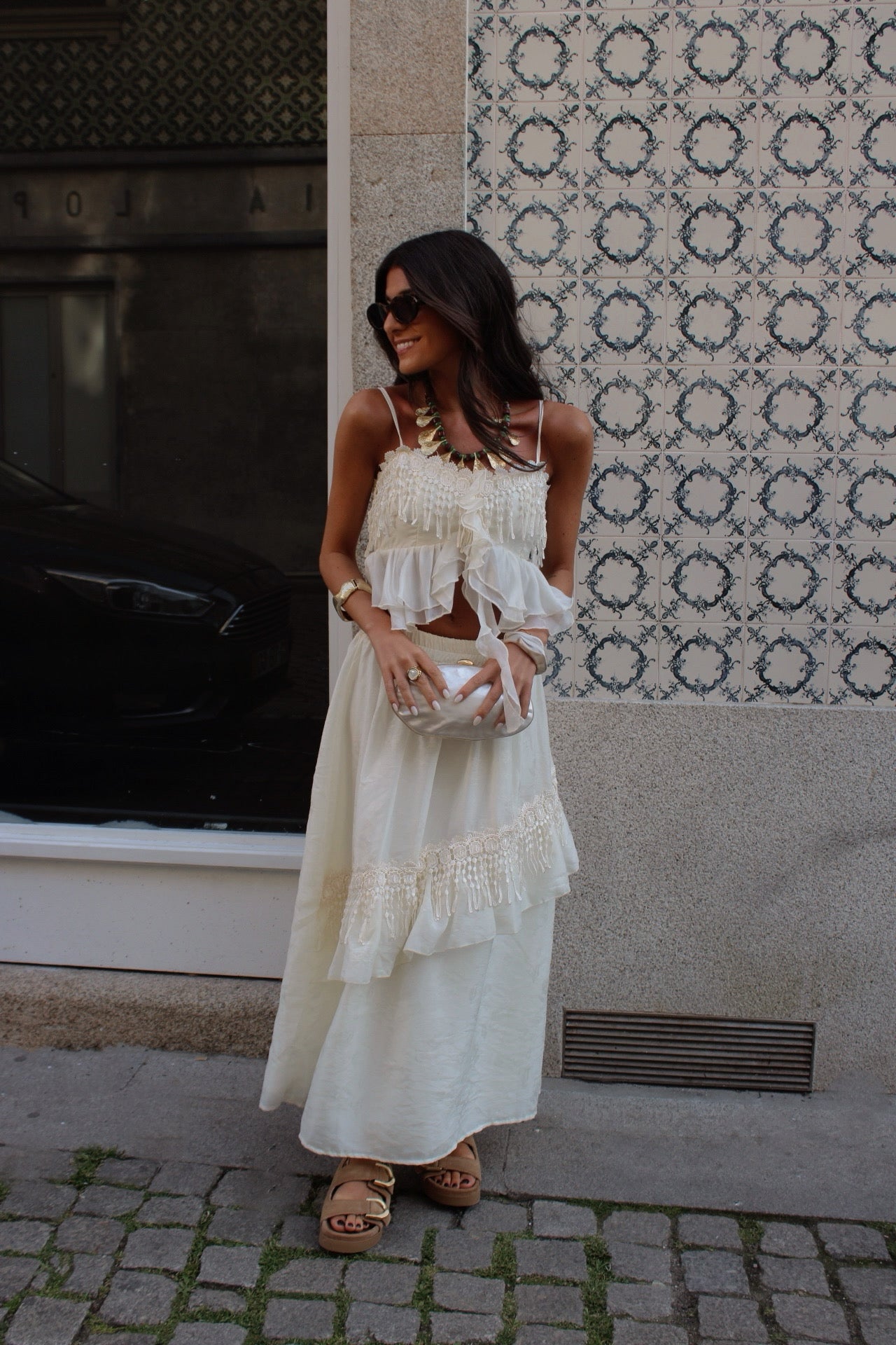 Two-Piece Cream Set: Crop Top and Lined Midi Skirt