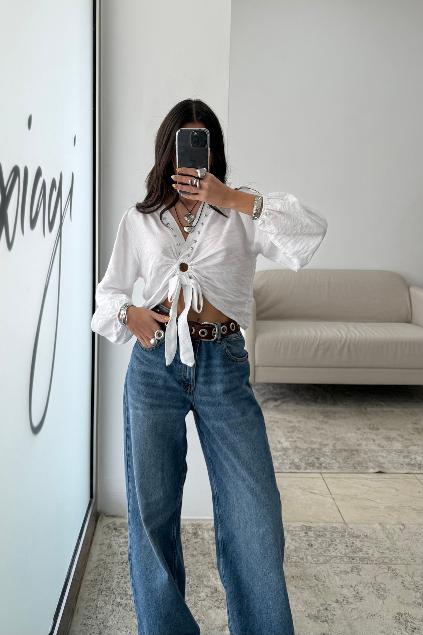 Cropped Top with Star Studs In White
