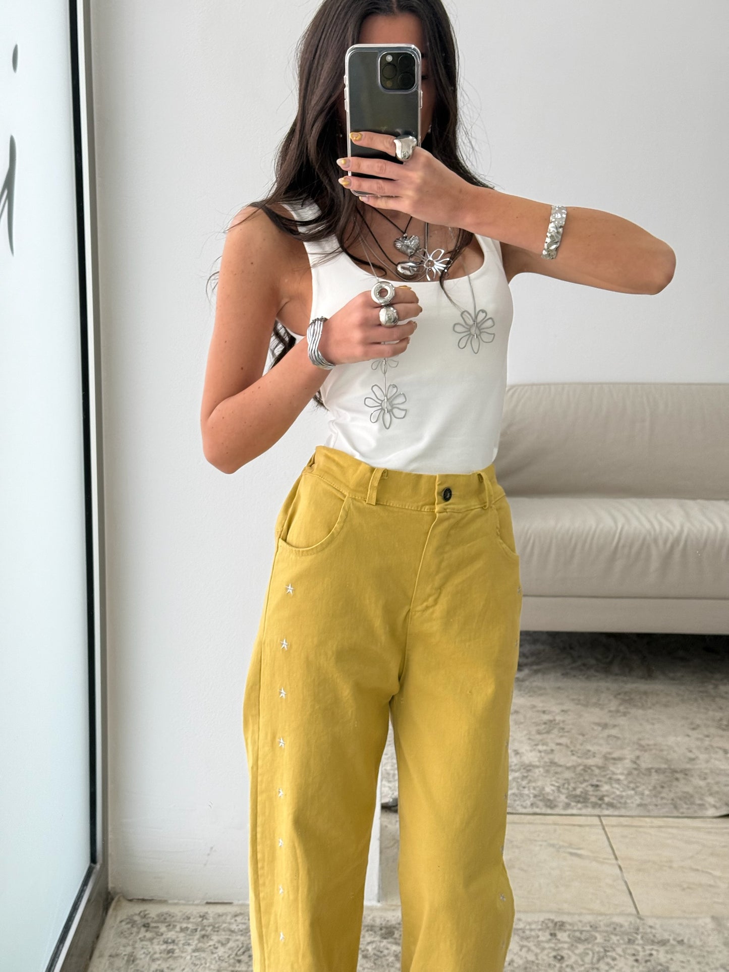 Mustard Jeans with Embroidered Details