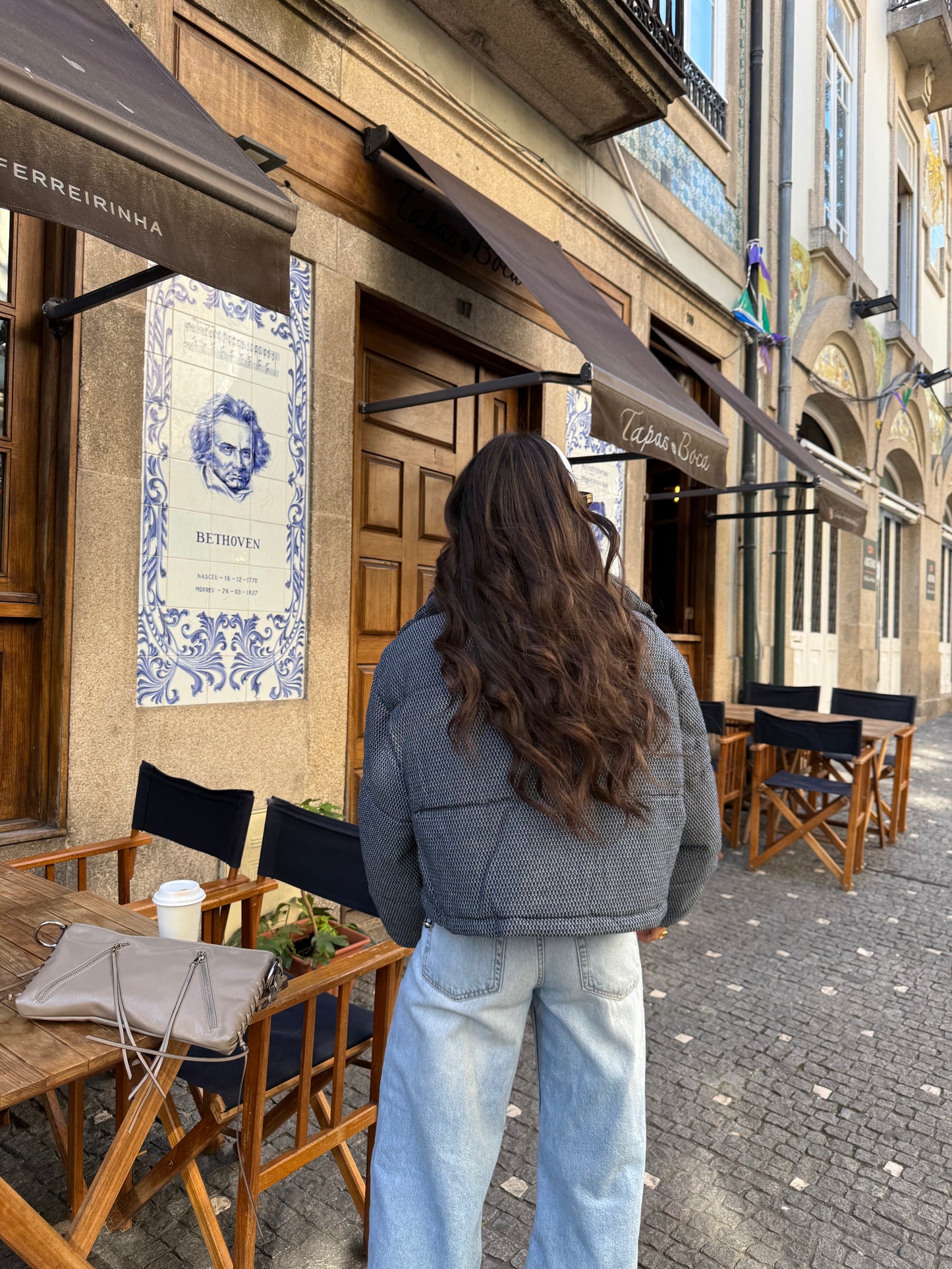 Textured Denim Effect Puffer Jacket