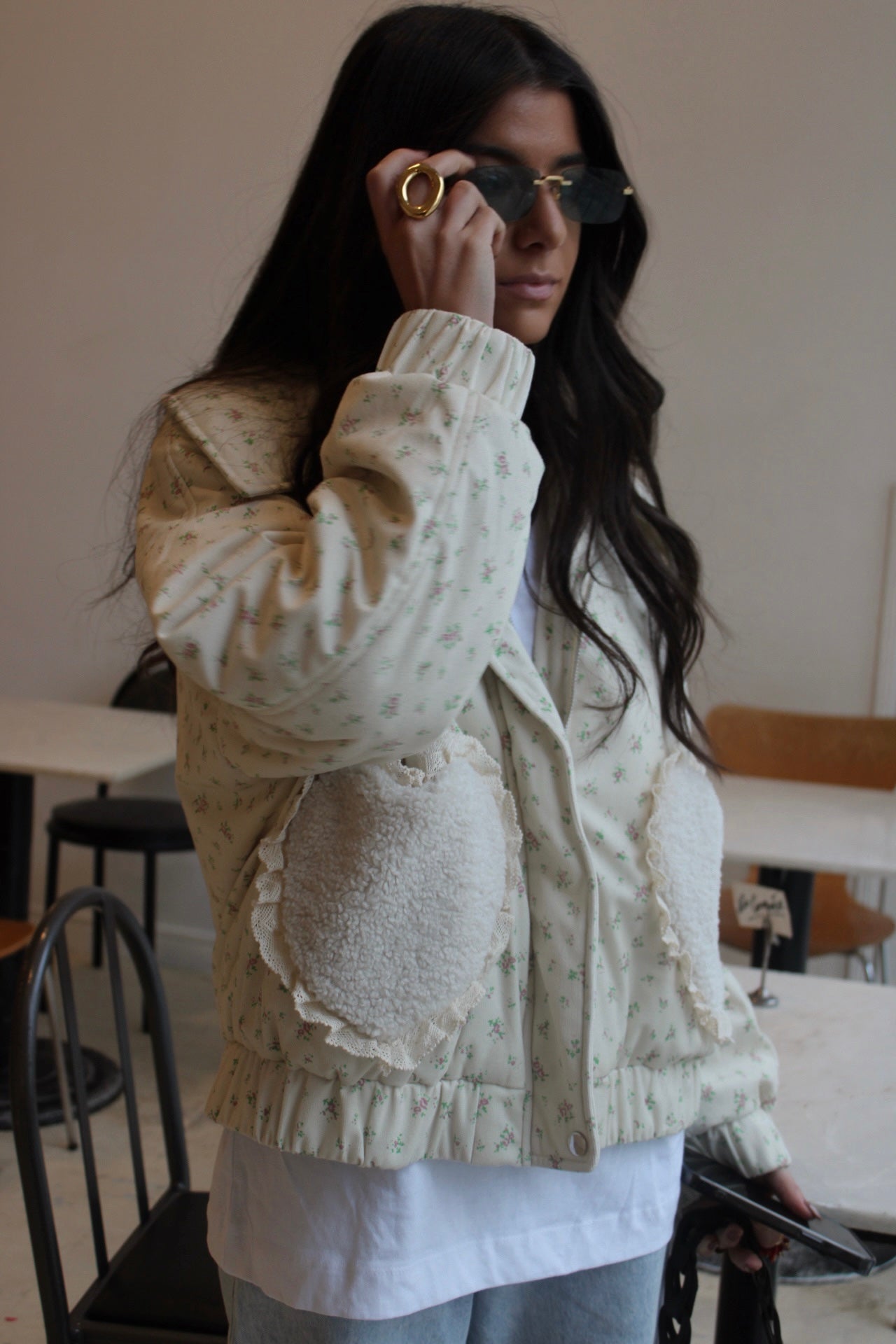 Floral Quilted Jacket with Fur Effect Pockets